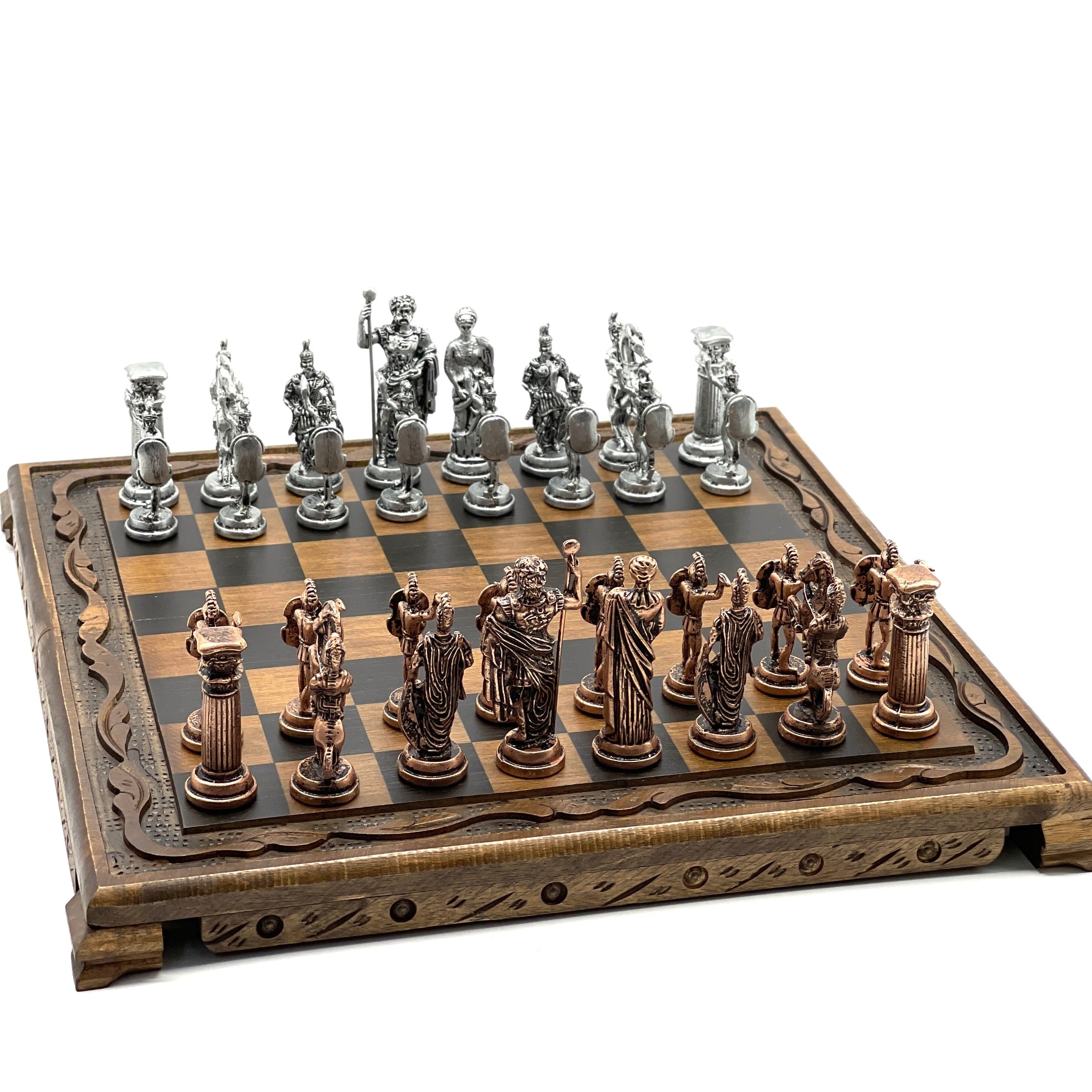 Handmade Wooden Chess Set With Large Archer Romans Metal Chess Pieces