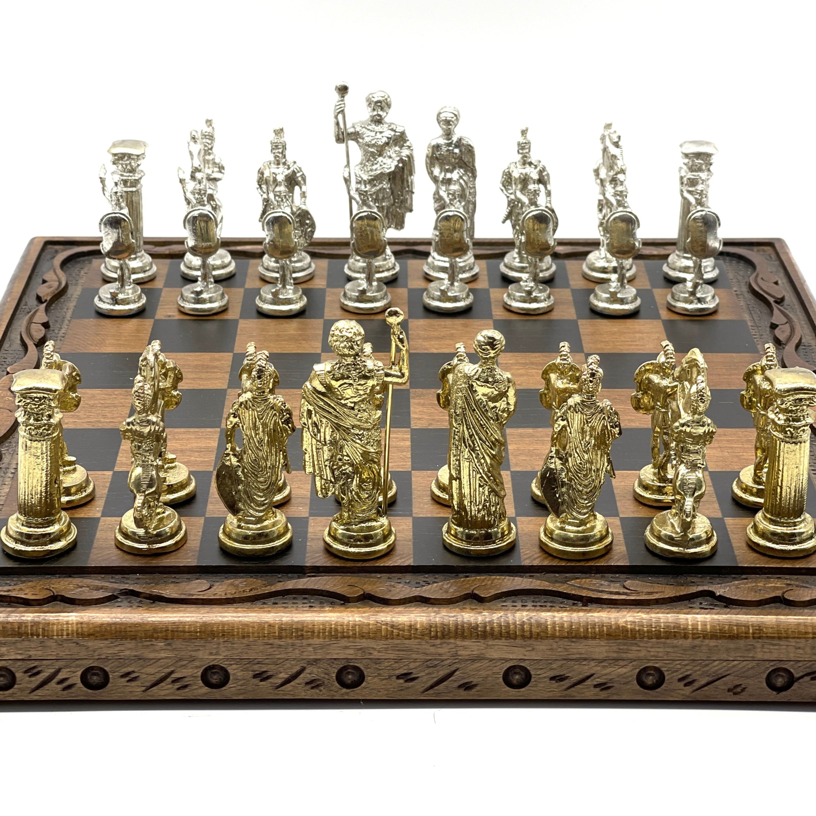 Handmade Wooden Chess Set With Large Romans Metal Chess Pieces