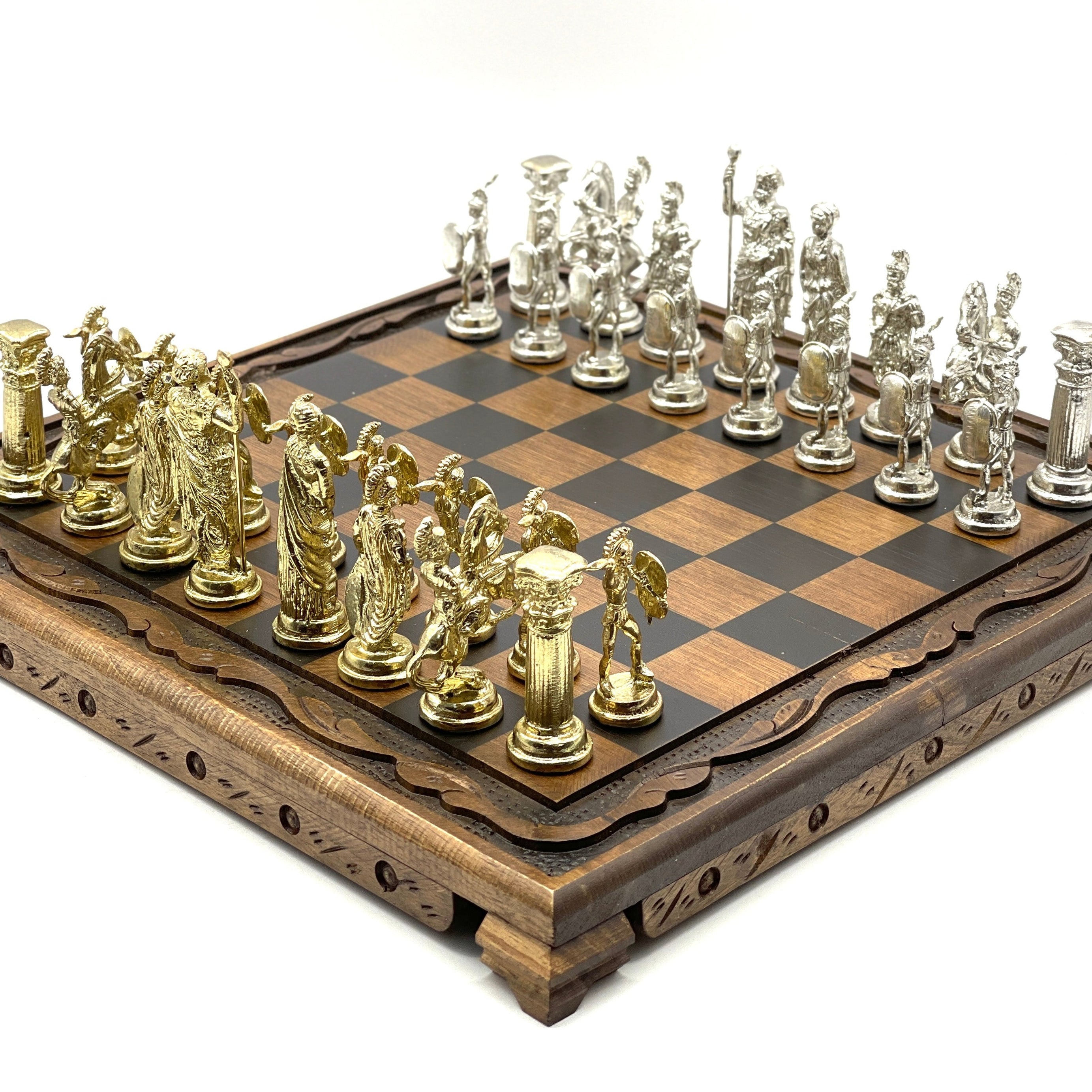 Handmade Wooden Chess Set With Large Romans Metal Chess Pieces