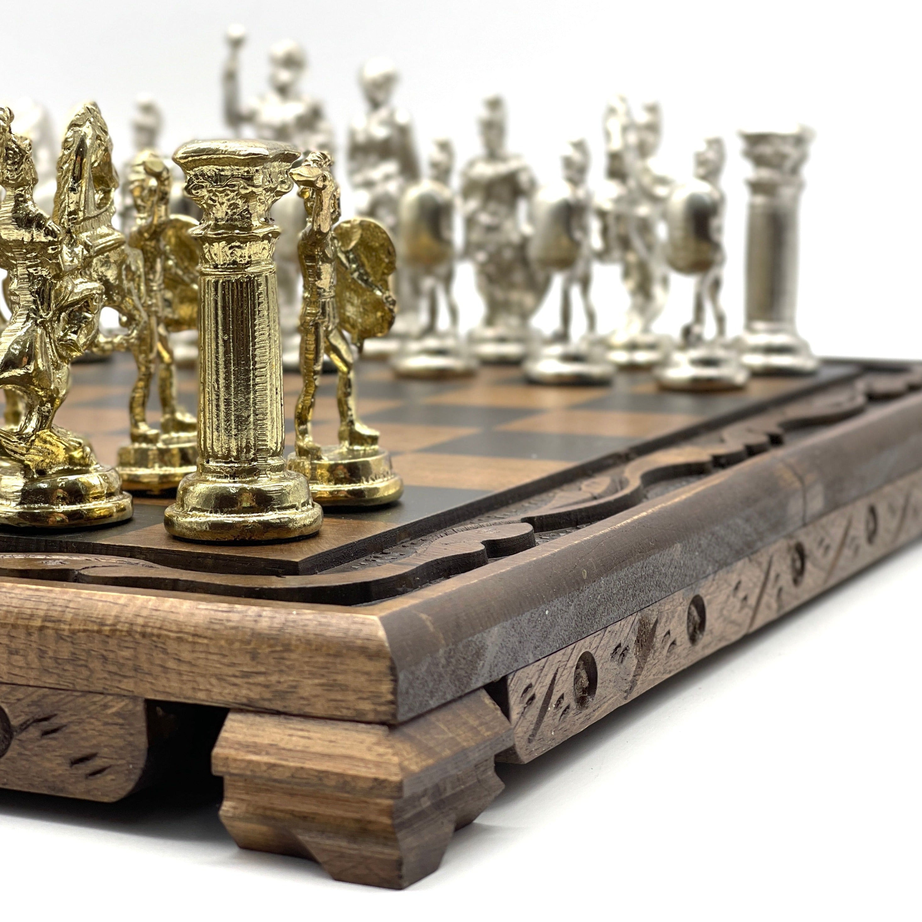 Handmade Wooden Chess Set With Large Romans Metal Chess Pieces