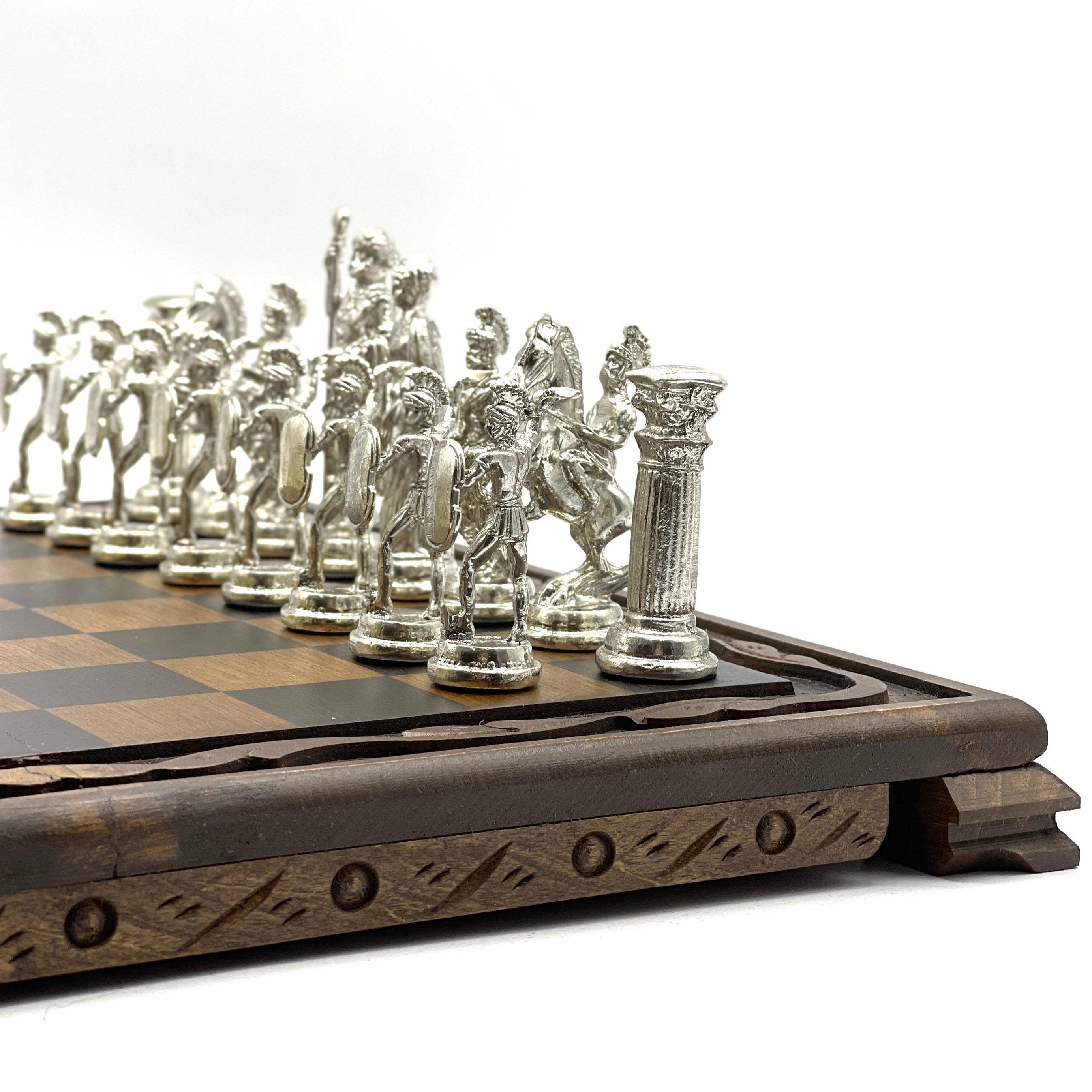 Handmade Wooden Chess Set With Large Romans Metal Chess Pieces