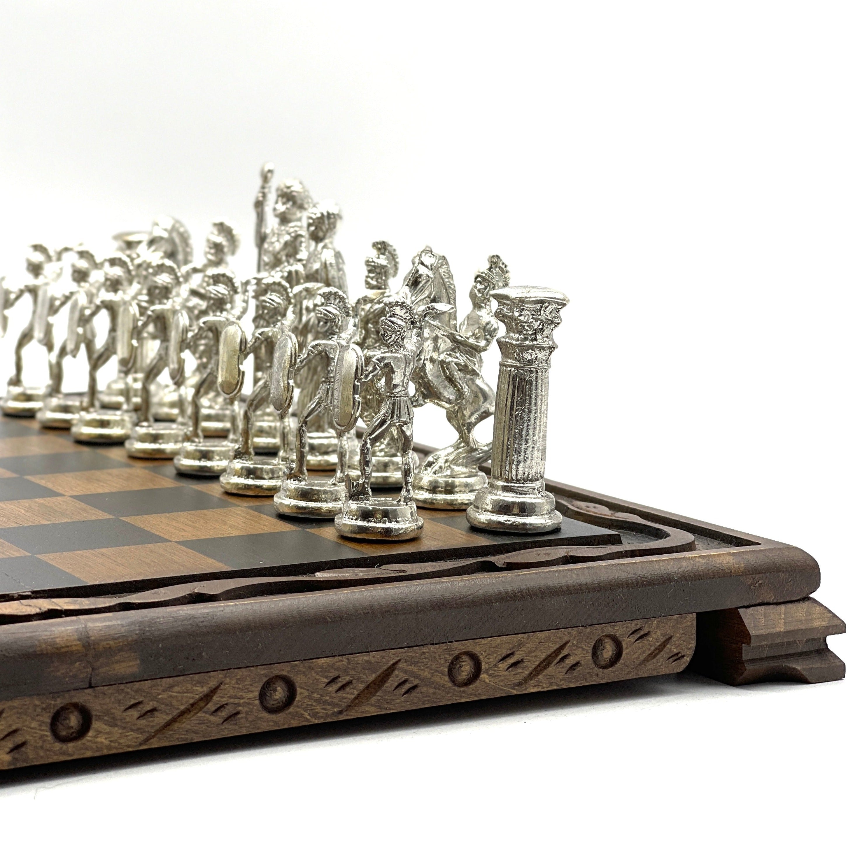 Handmade Wooden Chess Set With Large Romans Metal Chess Pieces