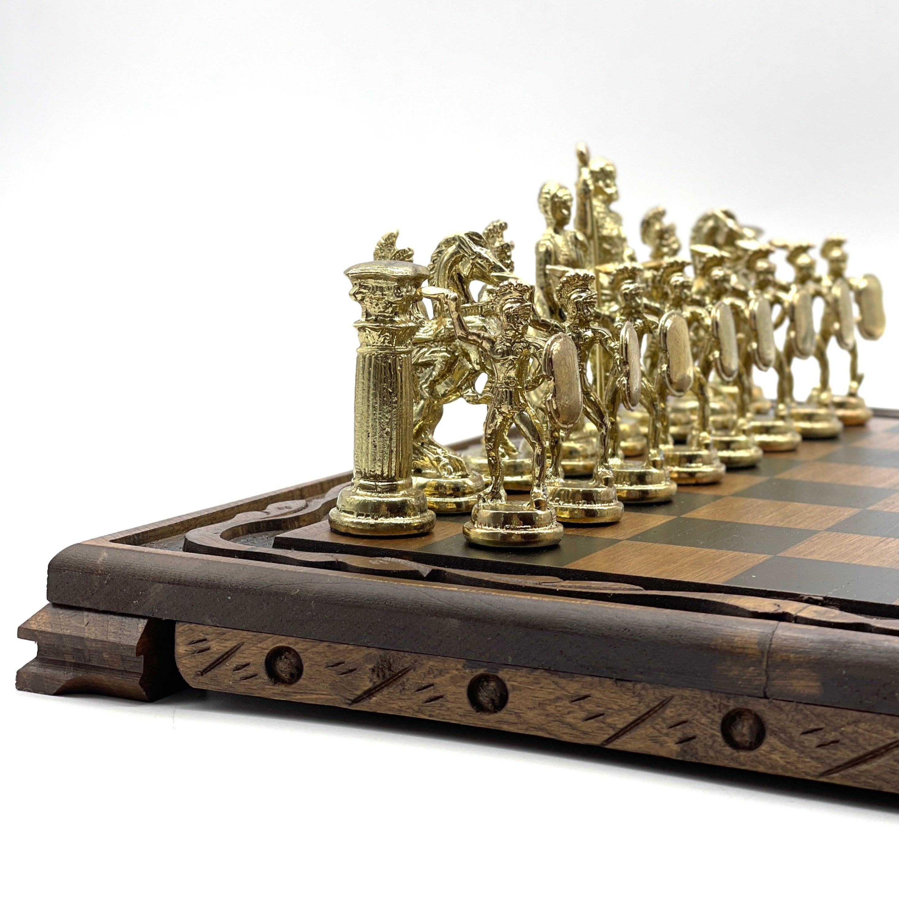 Handmade Wooden Chess Set With Large Romans Metal Chess Pieces