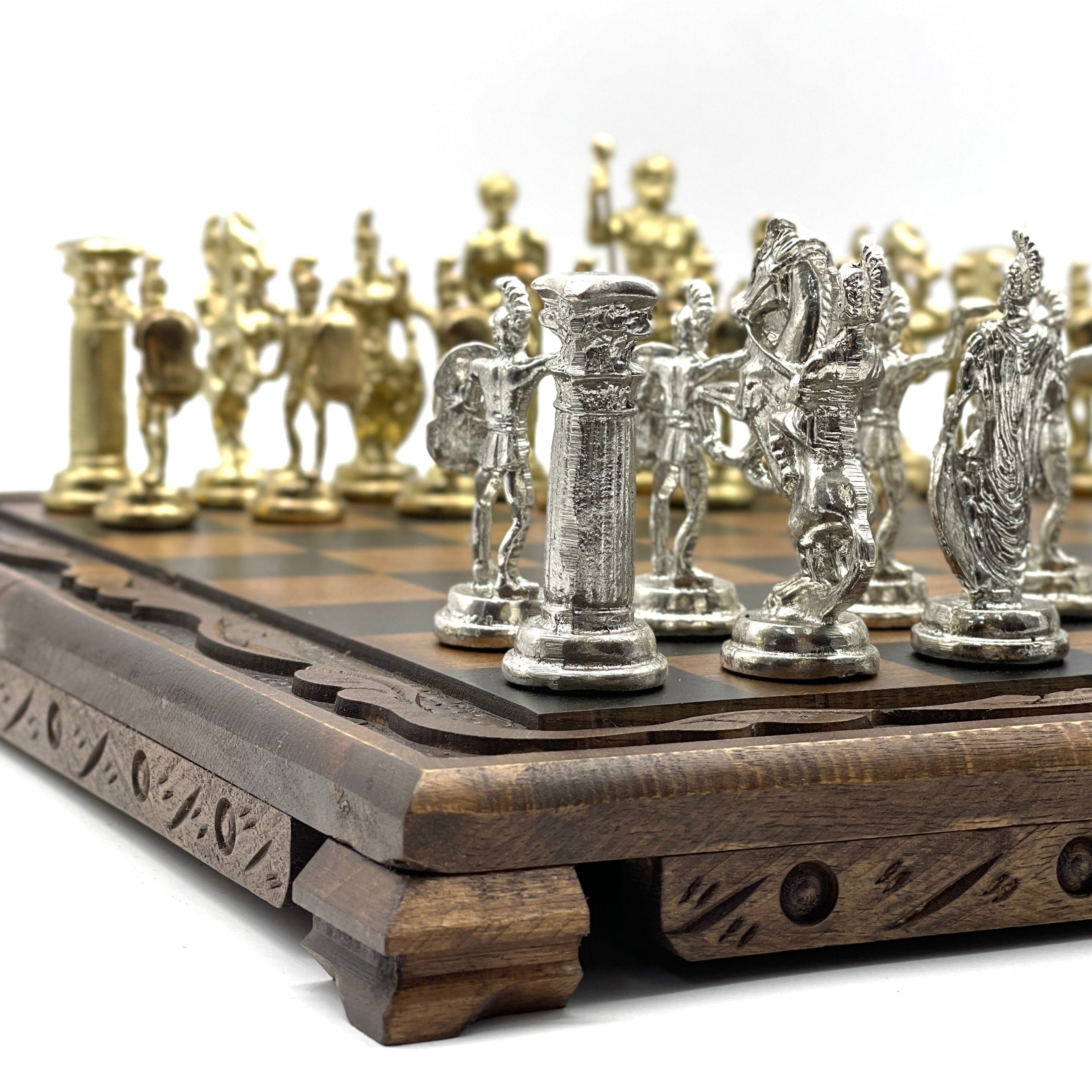Handmade Wooden Chess Set With Large Romans Metal Chess Pieces