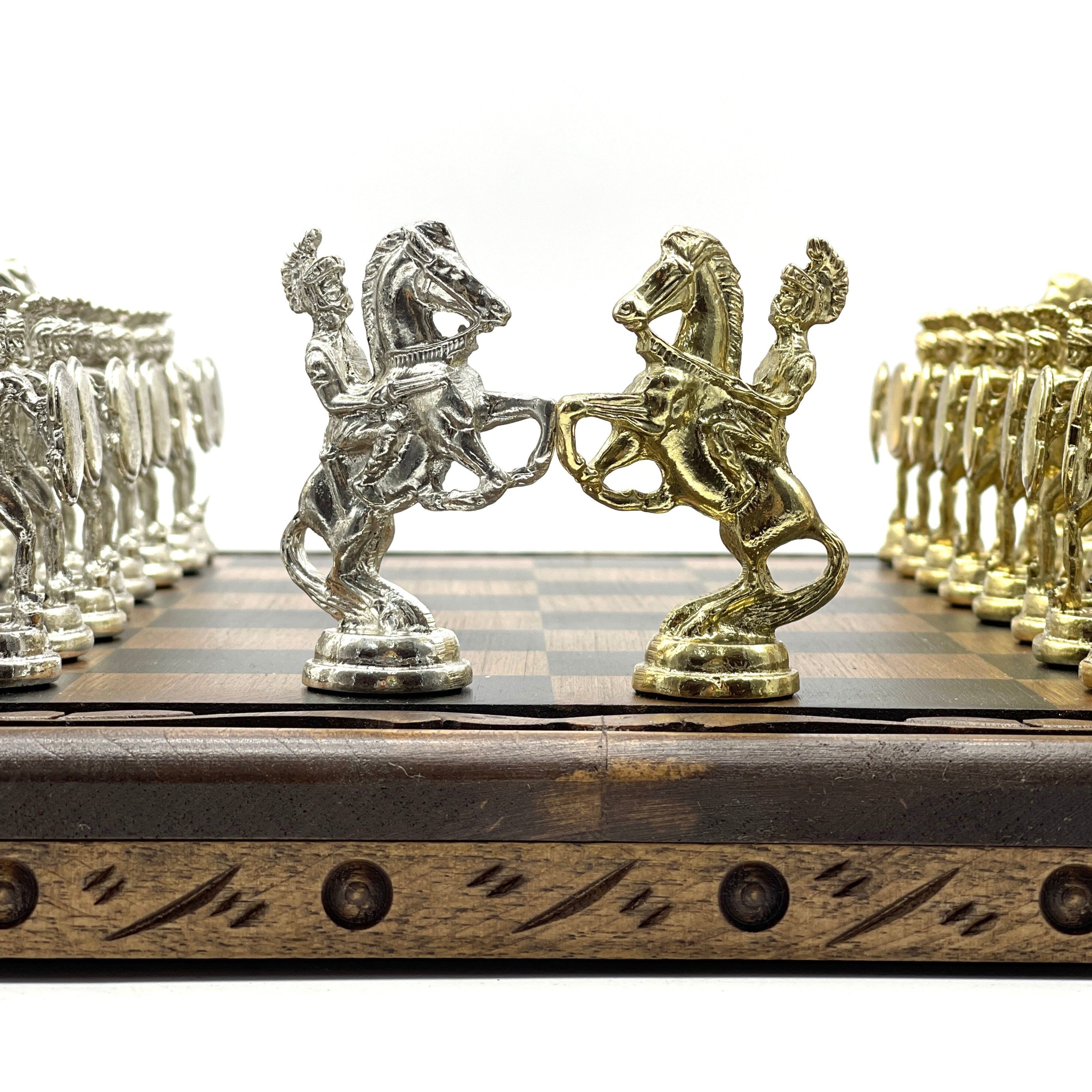 Handmade Wooden Chess Set With Large Romans Metal Chess Pieces