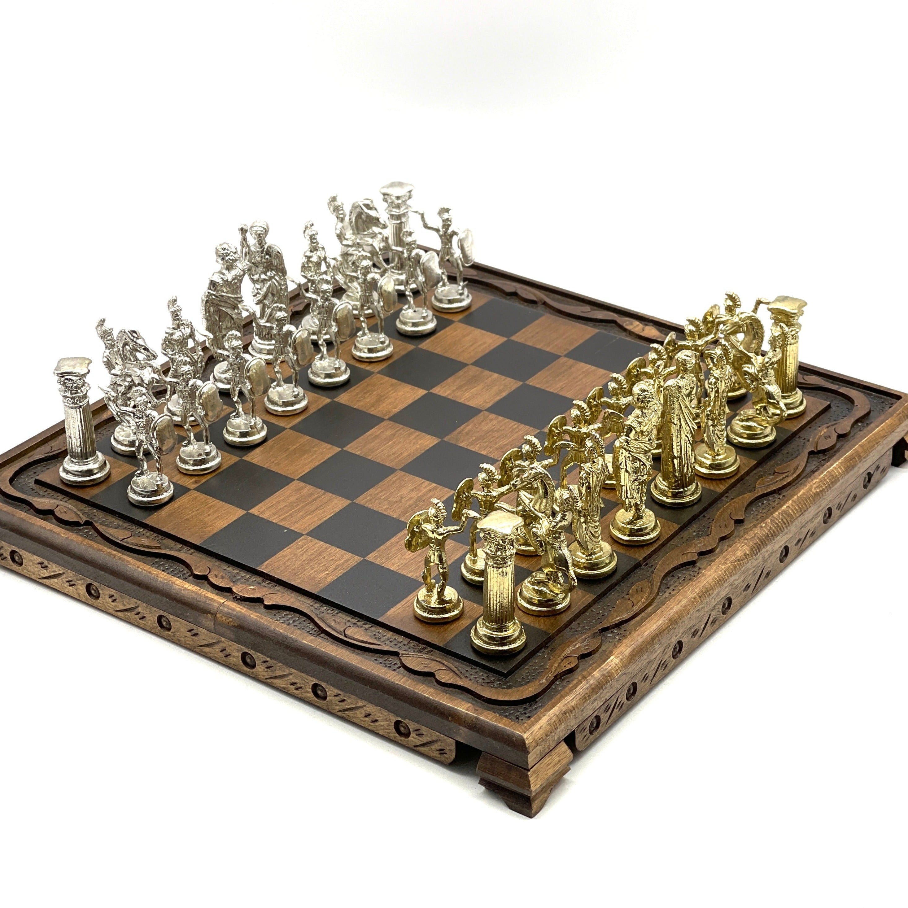 Handmade Wooden Chess Set With Large Romans Metal Chess Pieces