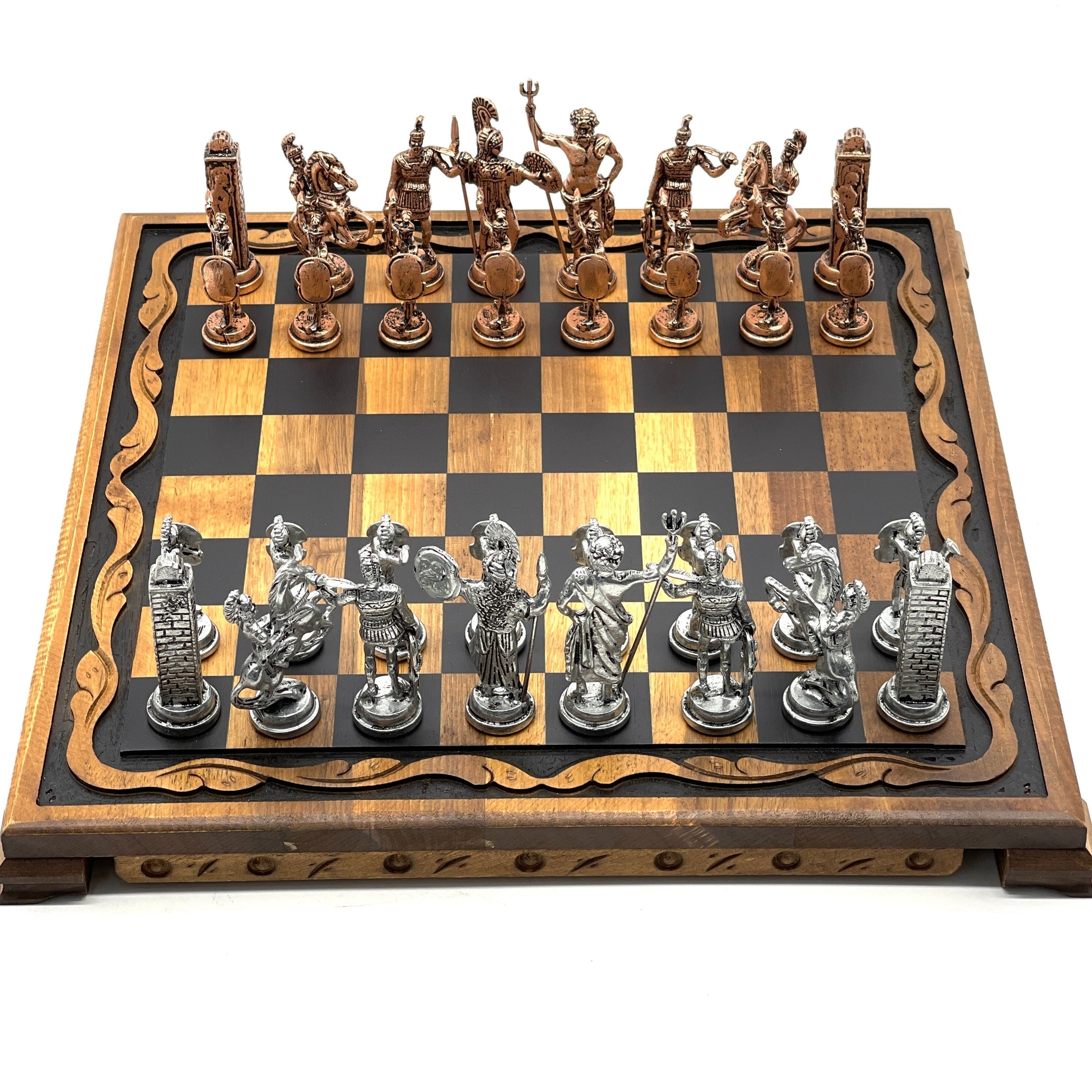 Handmade Wooden Chess Set with Large Greek Metal Chess Pieces