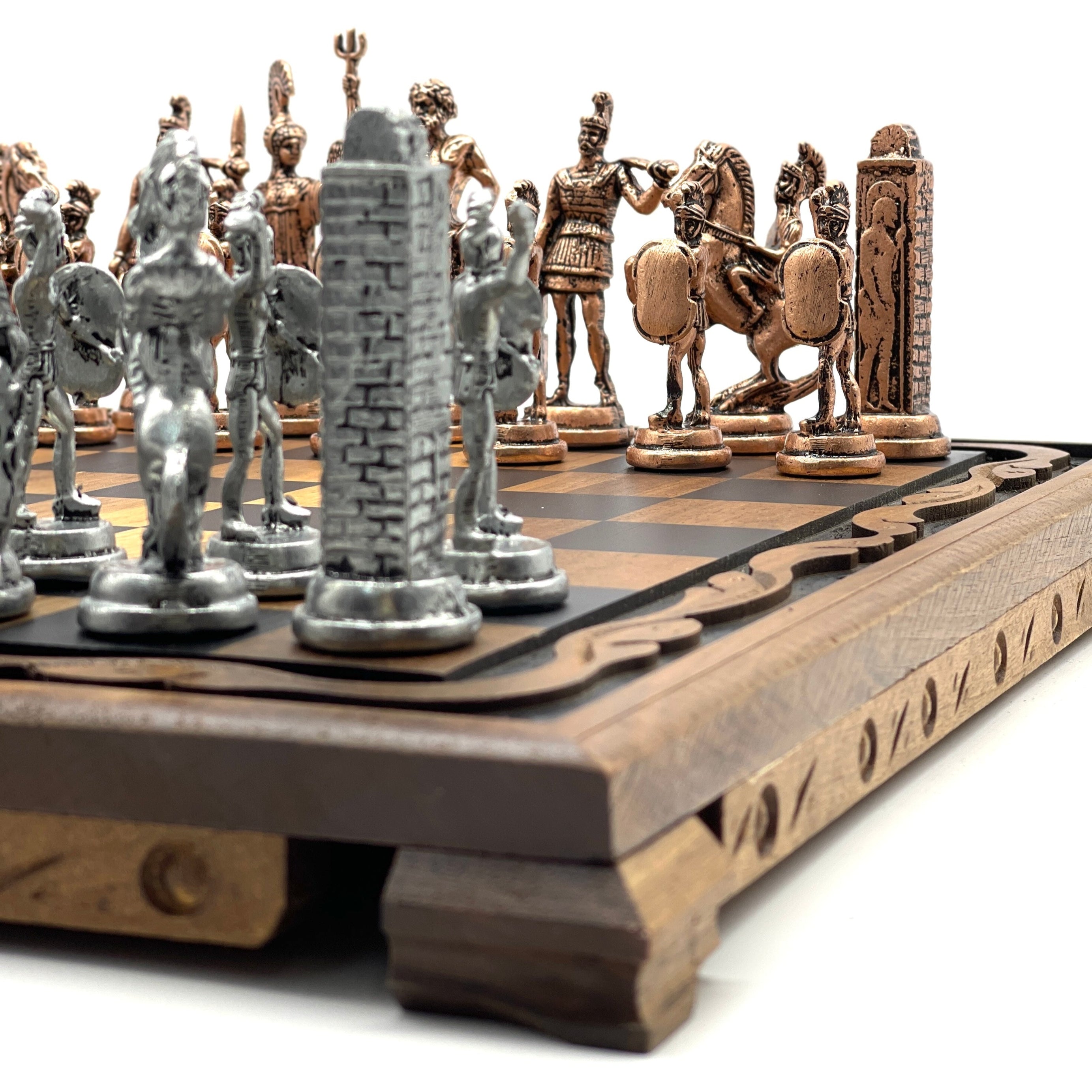 Handmade Wooden Chess Set with Large Greek Metal Chess Pieces