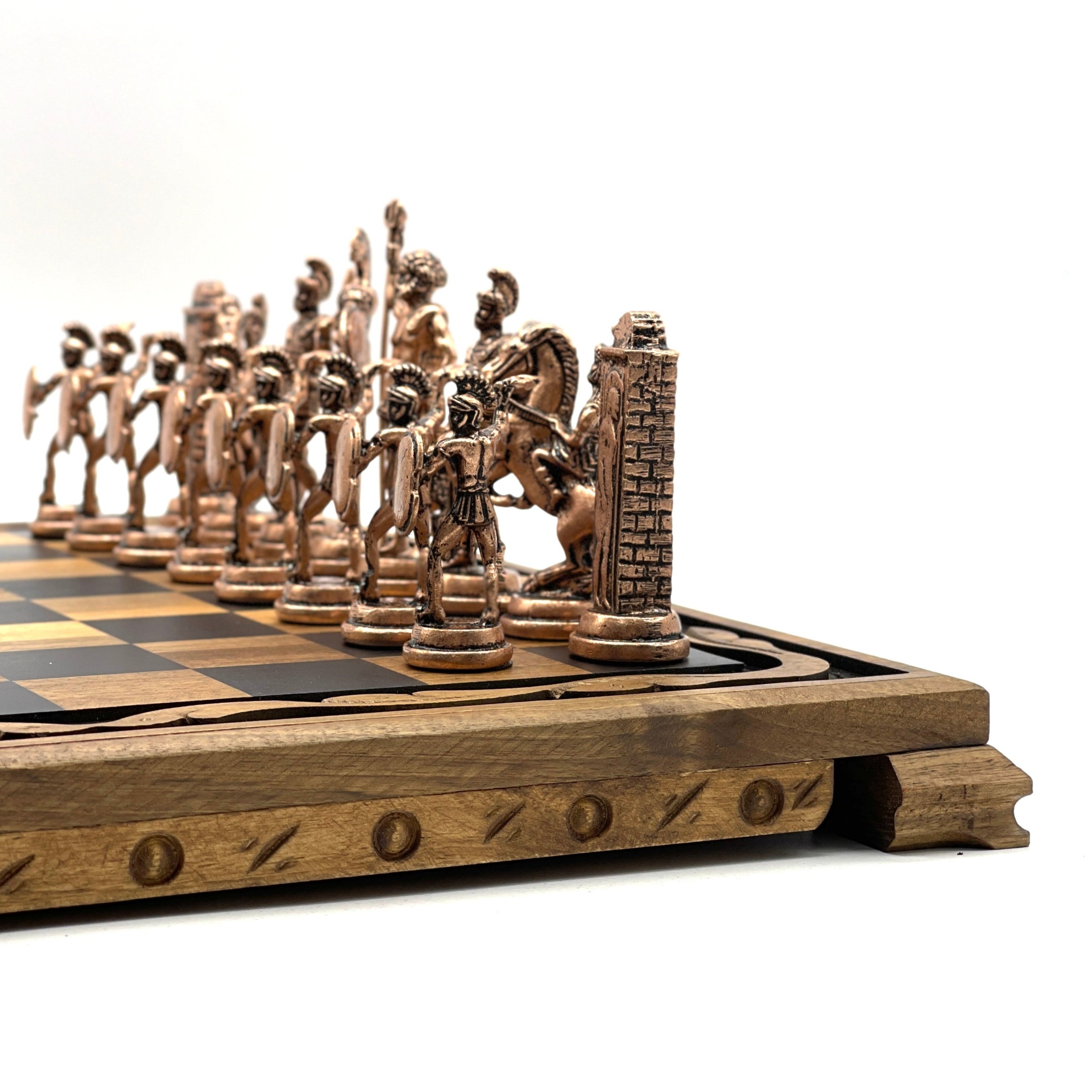 Handmade Wooden Chess Set with Large Greek Metal Chess Pieces