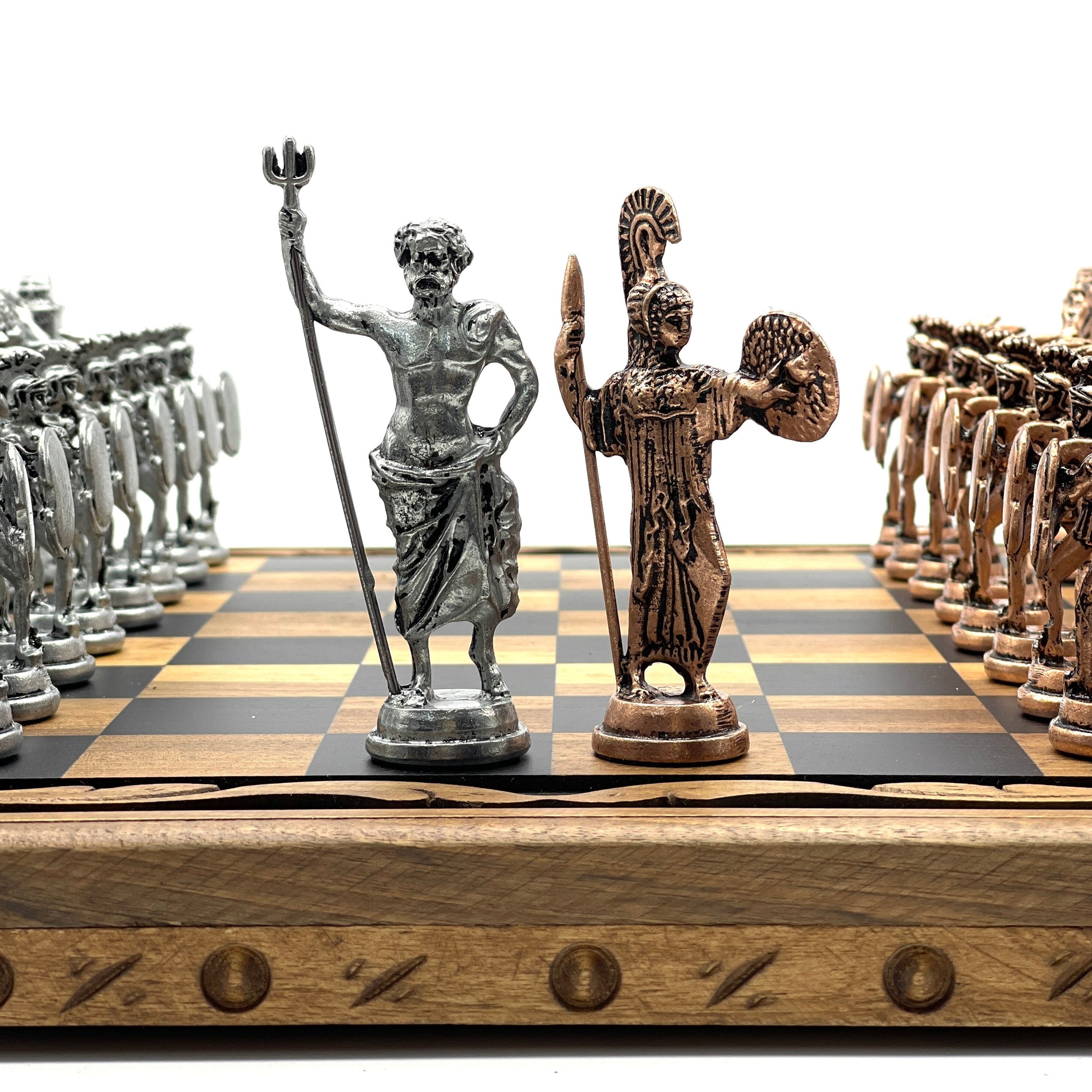 Handmade Wooden Chess Set with Large Greek Metal Chess Pieces