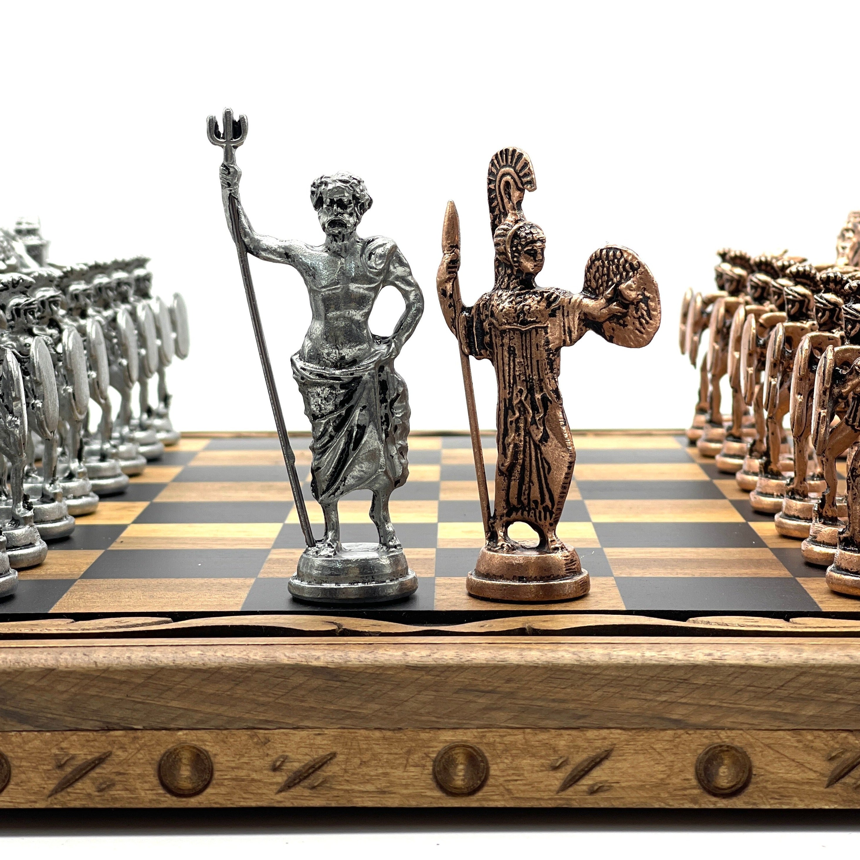 Handmade Wooden Chess Set with Large Greek Metal Chess Pieces