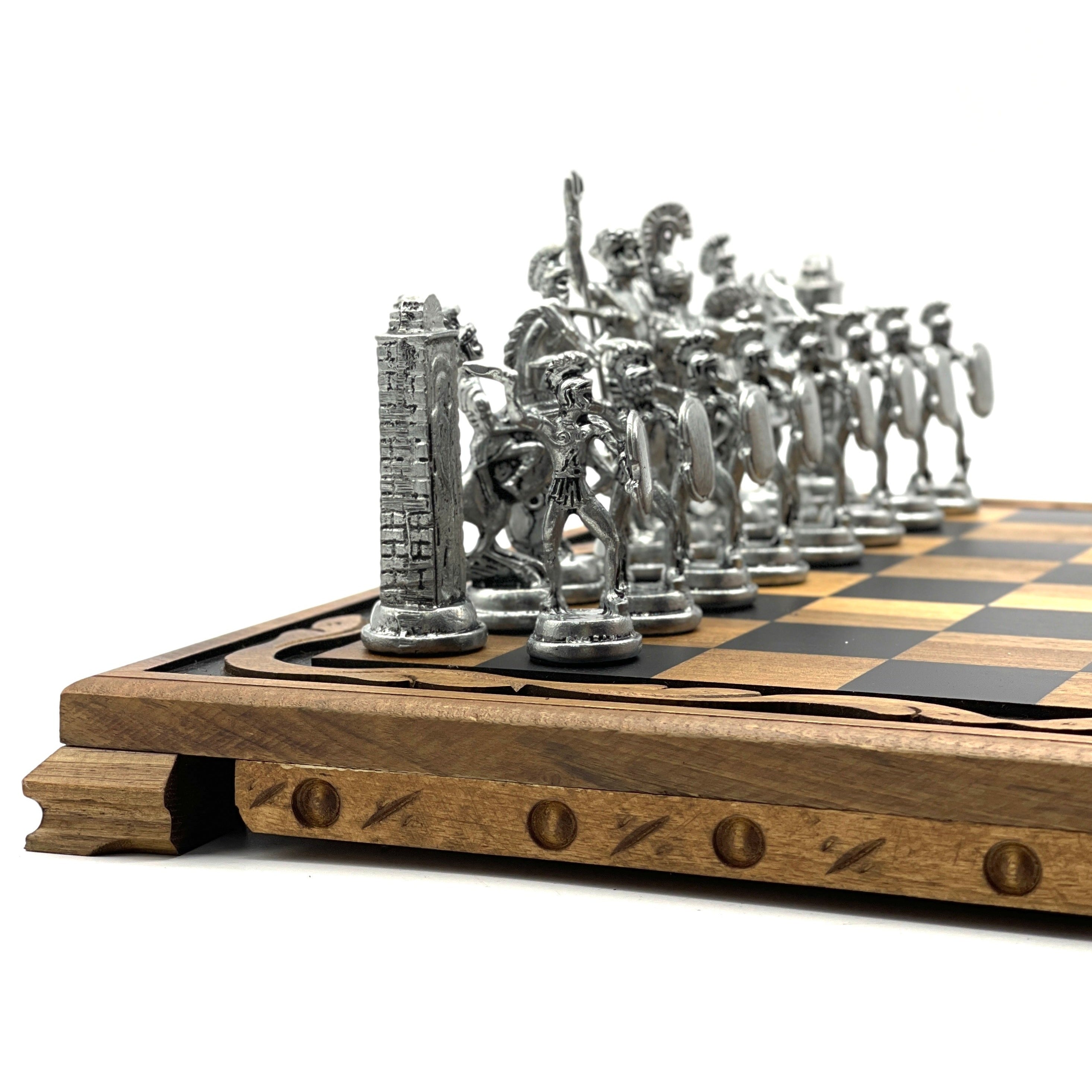 Handmade Wooden Chess Set with Large Greek Metal Chess Pieces