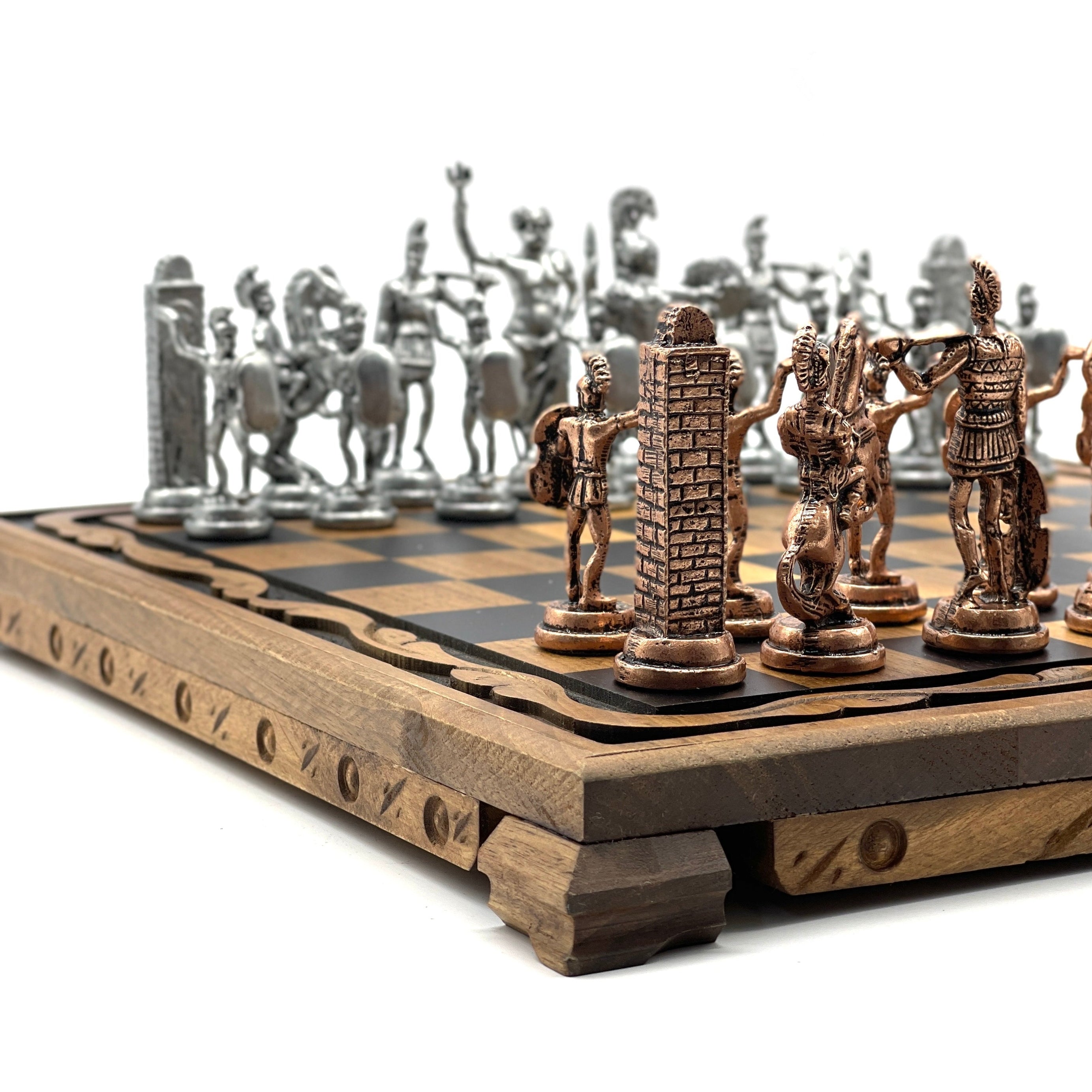 Handmade Wooden Chess Set with Large Greek Metal Chess Pieces