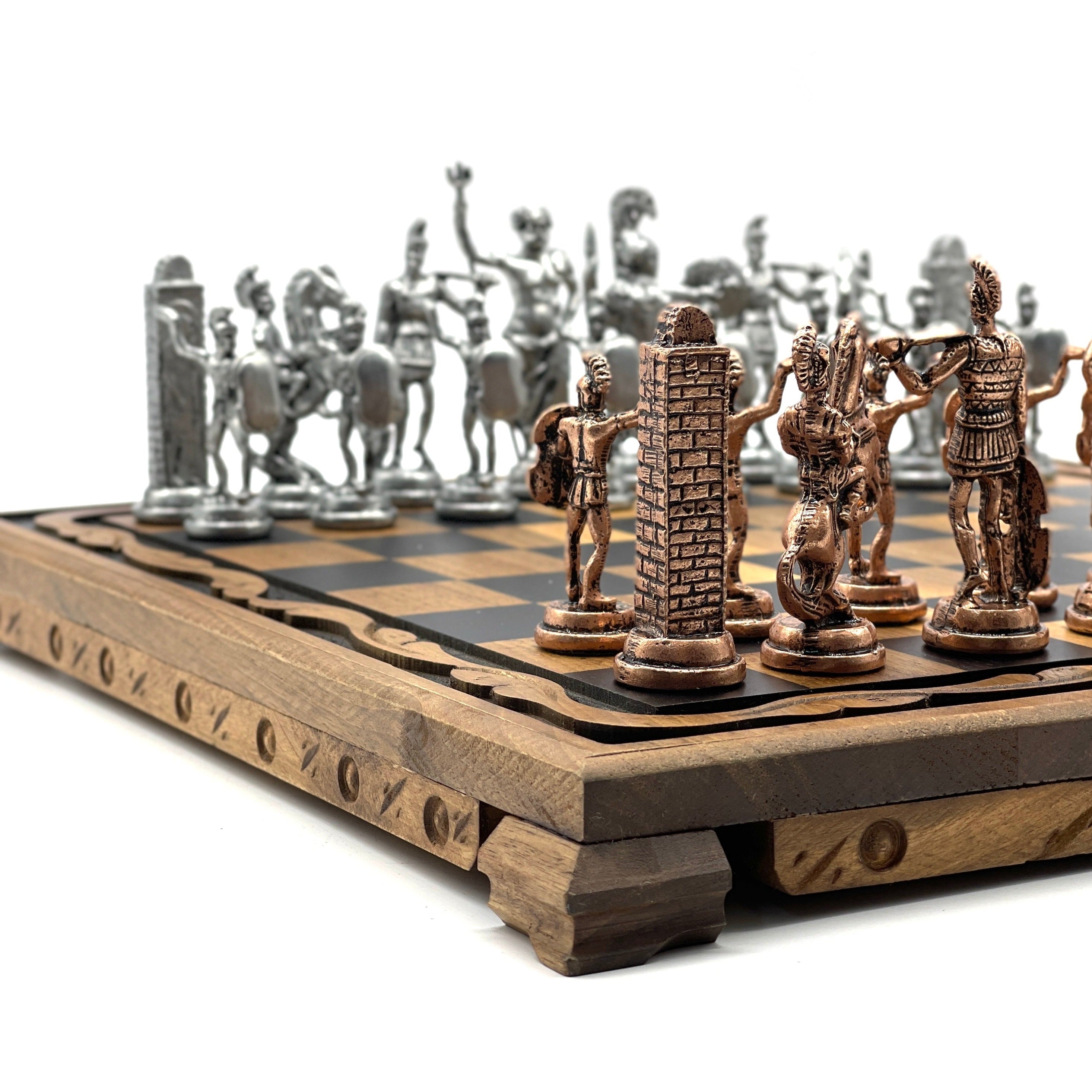 Handmade Wooden Chess Set with Large Greek Metal Chess Pieces