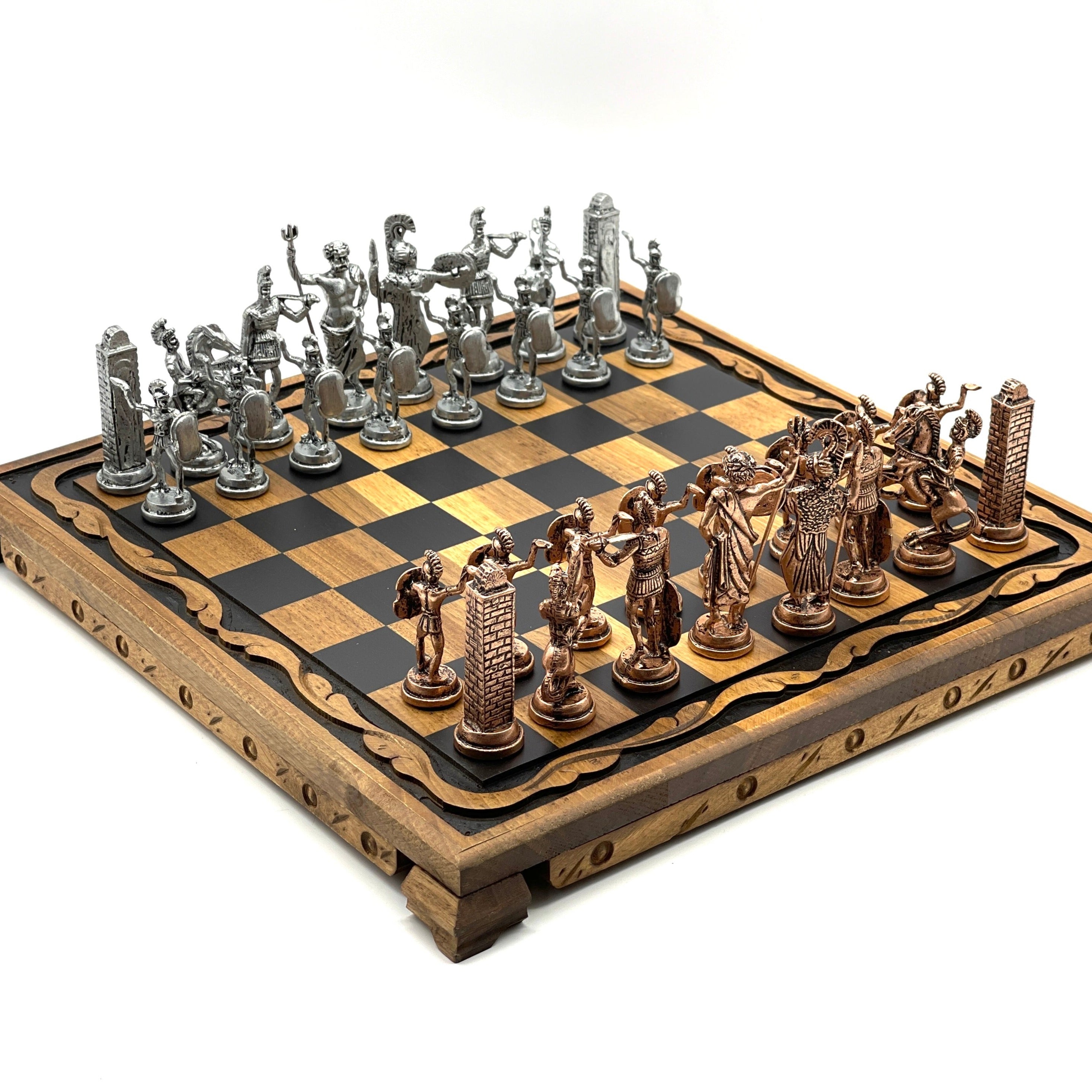Handmade Wooden Chess Set with Large Greek Metal Chess Pieces