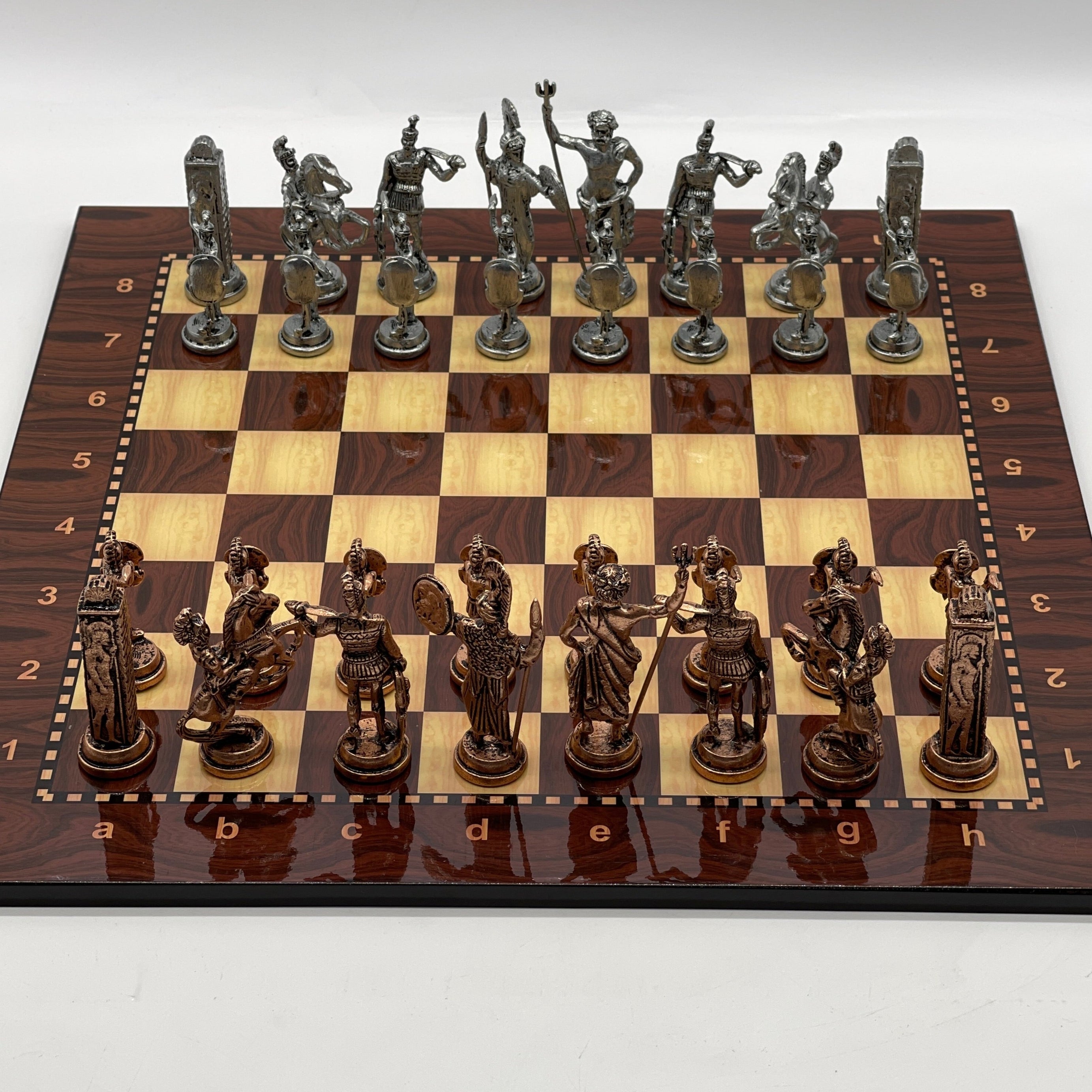 16.9" Large Brown Patterned Wooden Chess Board With Large Metal Pieces