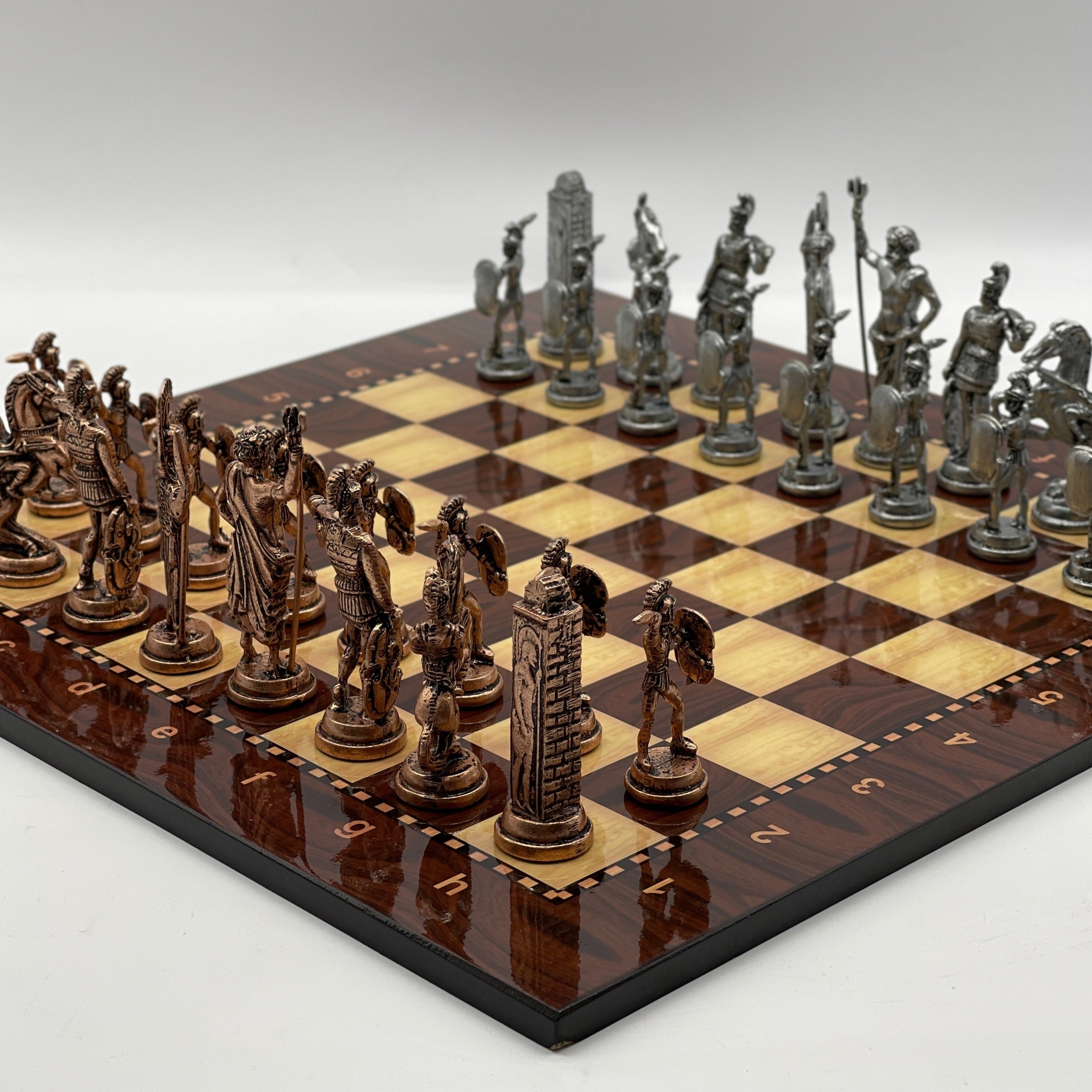 16.9" Large Brown Patterned Wooden Chess Board With Large Metal Pieces