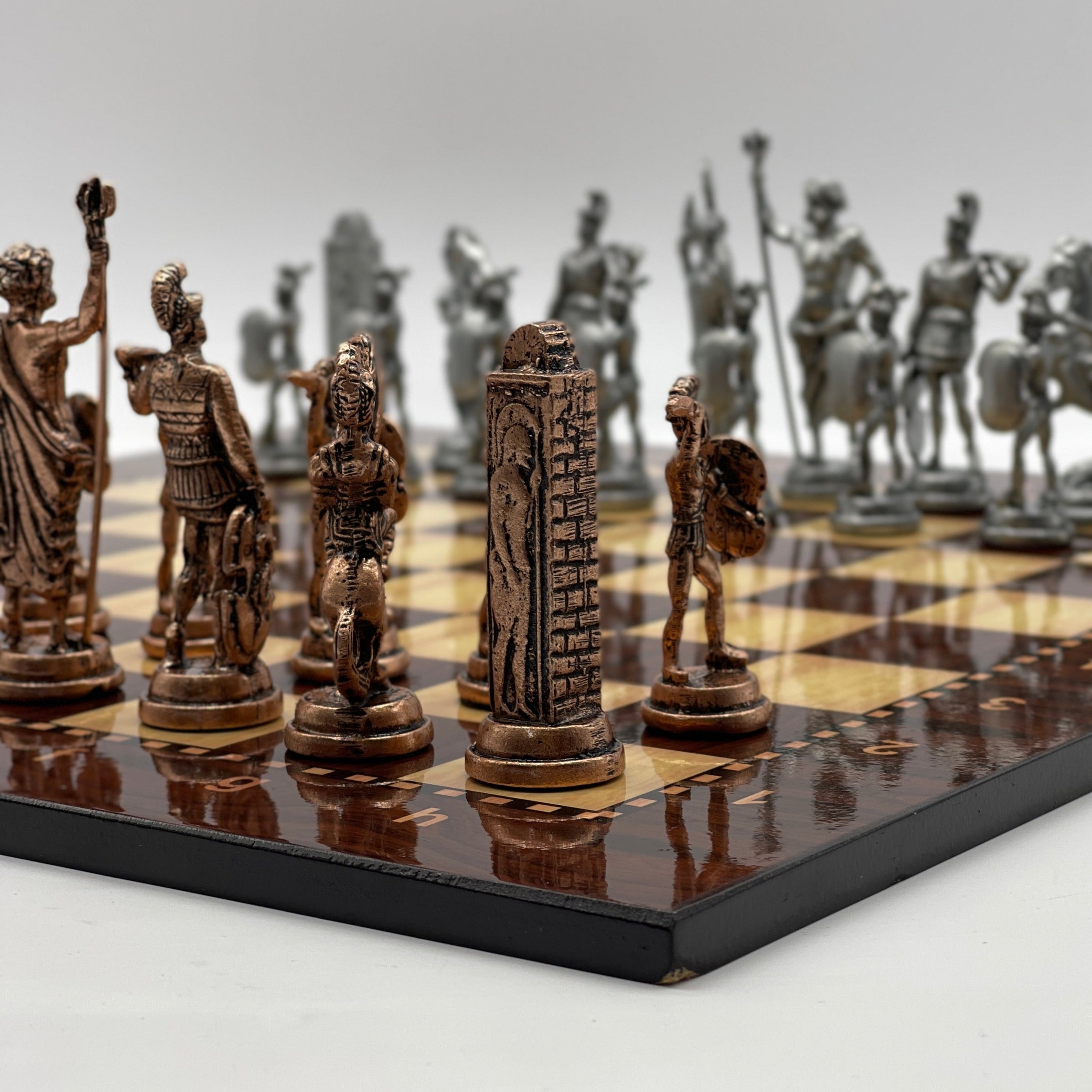16.9" Large Brown Patterned Wooden Chess Board With Large Metal Pieces
