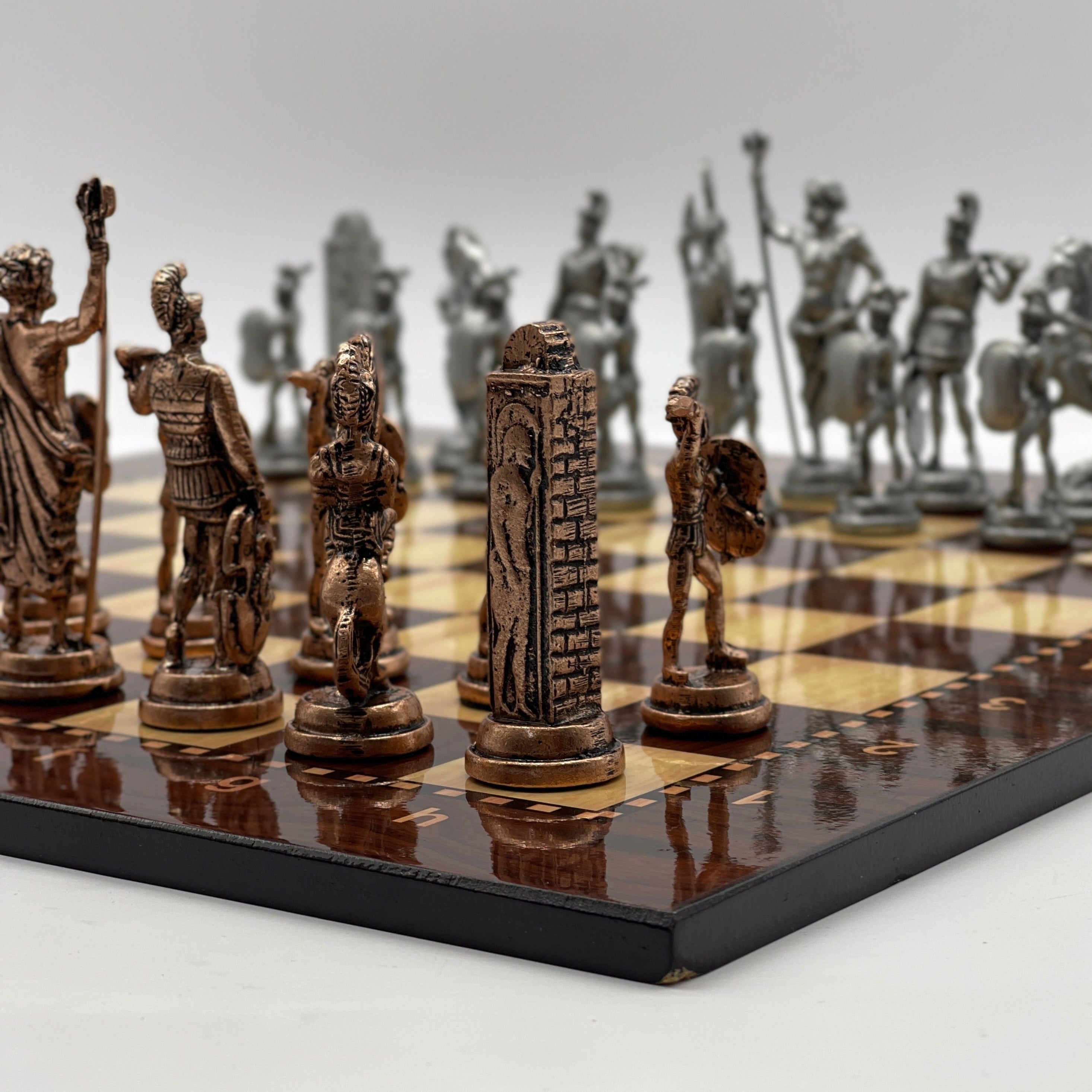 16.9" Large Brown Patterned Wooden Chess Board With Large Metal Pieces