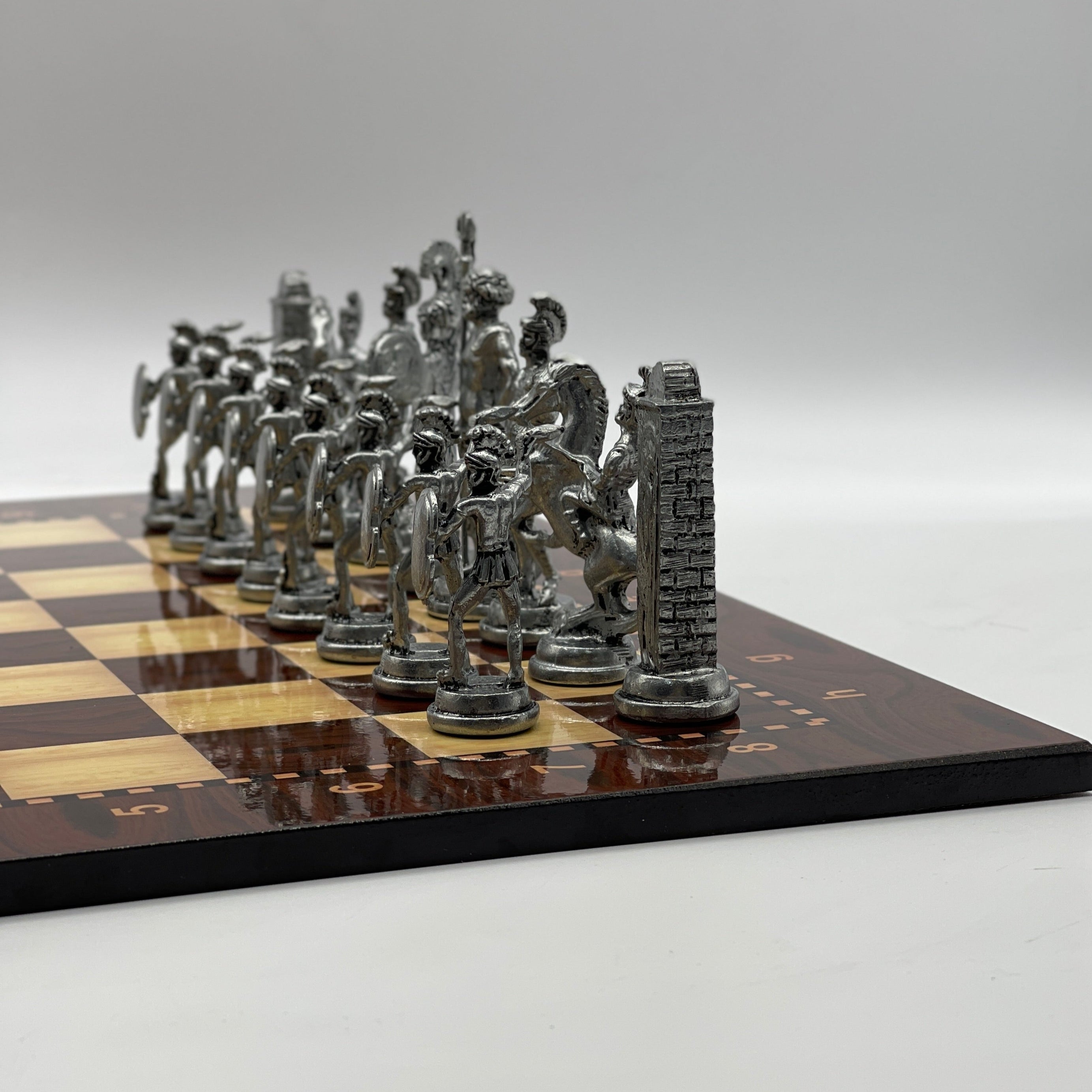 16.9" Large Brown Patterned Wooden Chess Board With Large Metal Pieces