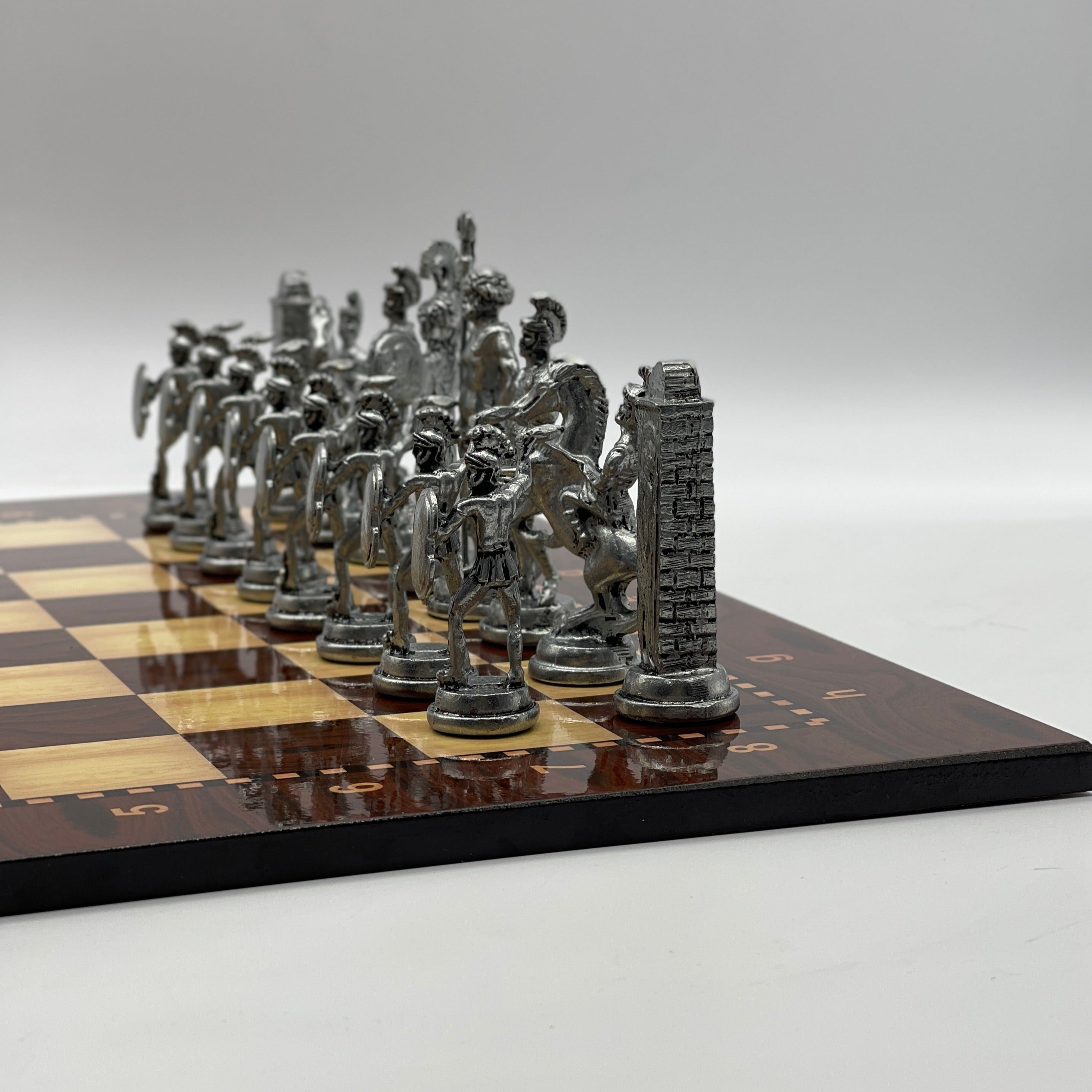 16.9" Large Brown Patterned Wooden Chess Board With Large Metal Pieces