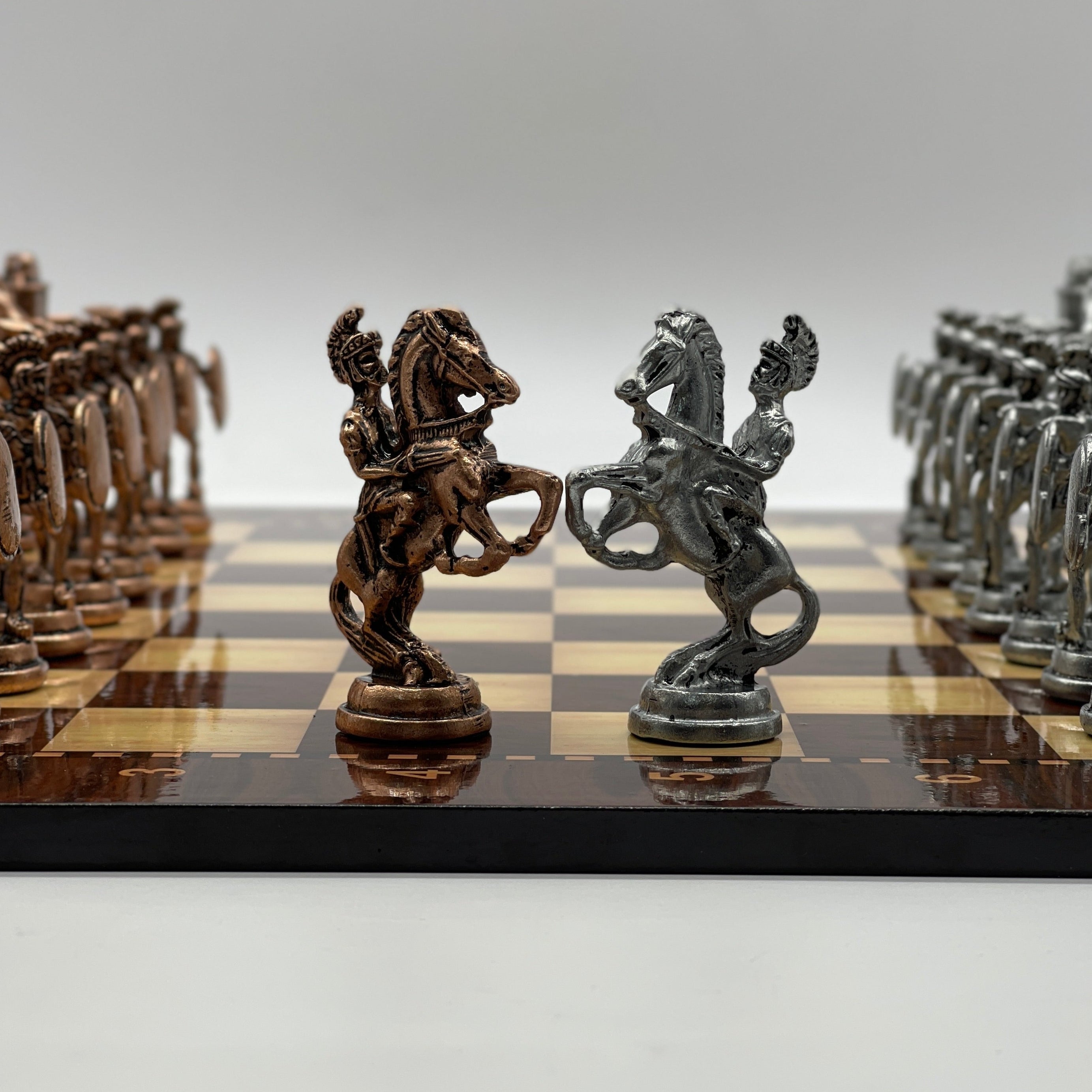 16.9" Large Brown Patterned Wooden Chess Board With Large Metal Pieces