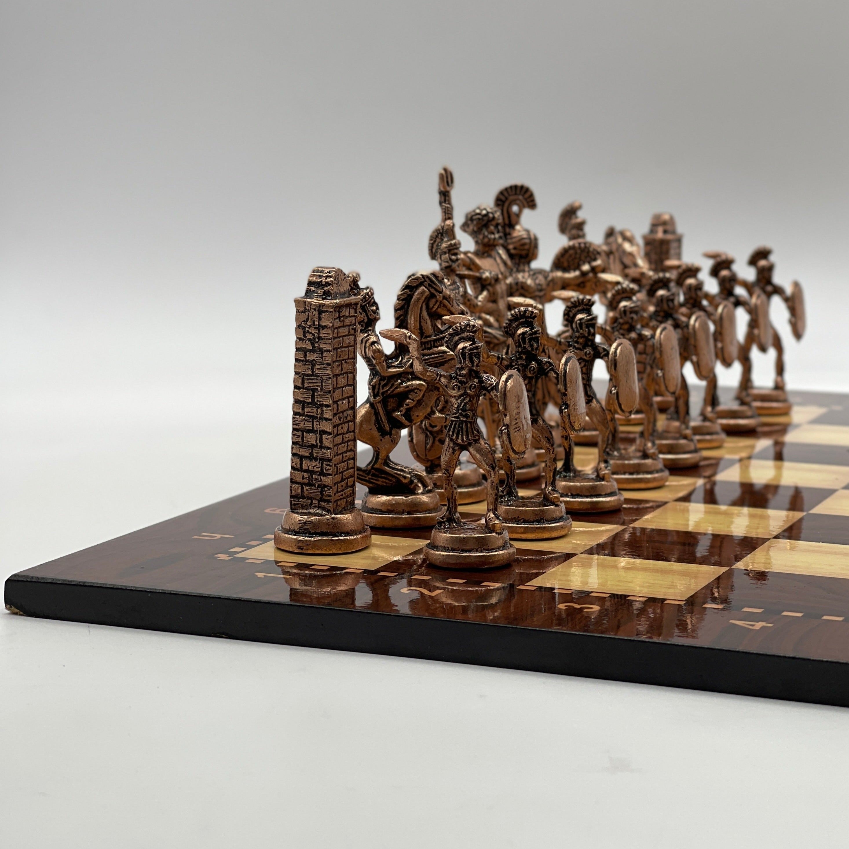 16.9" Large Brown Patterned Wooden Chess Board With Large Metal Pieces