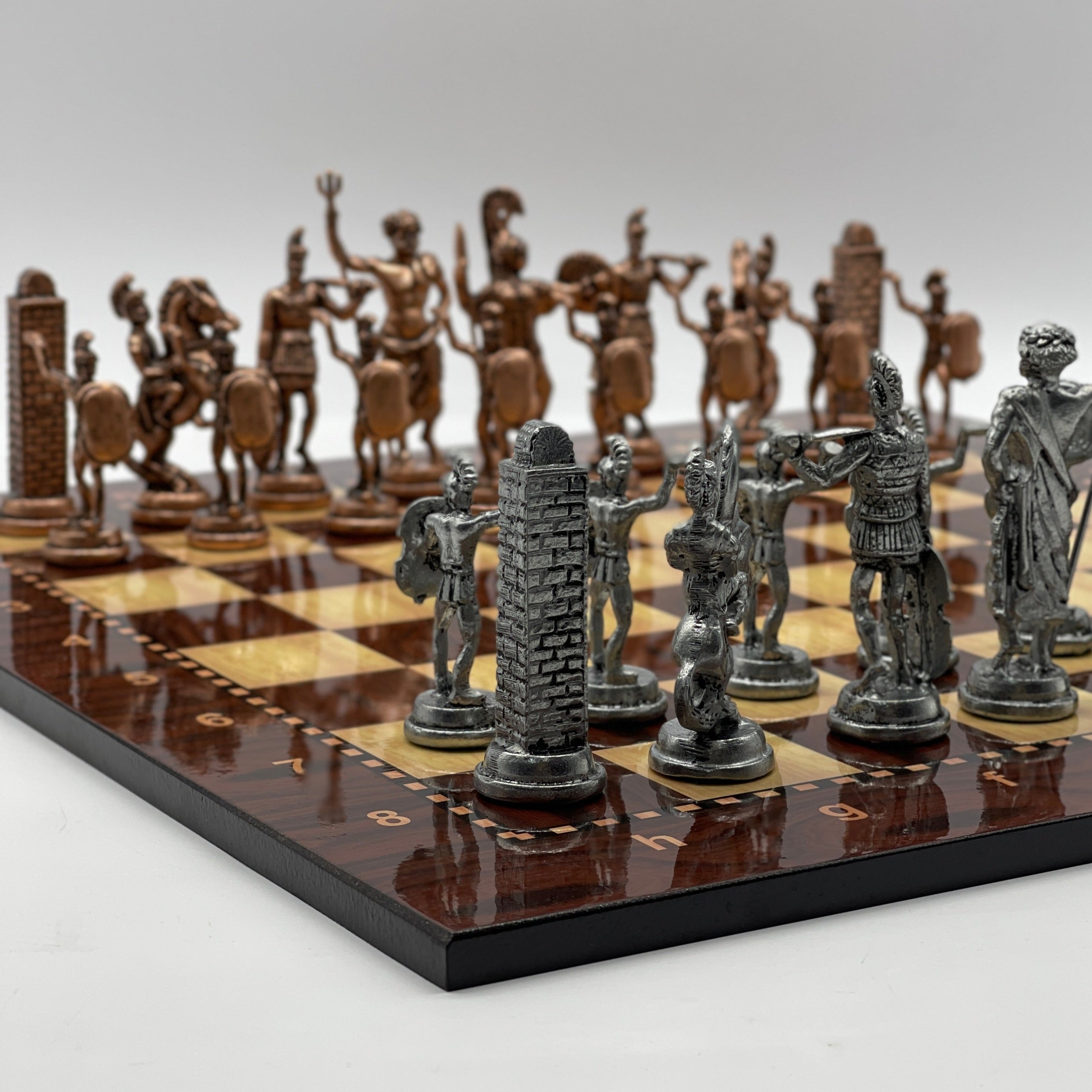 16.9" Large Brown Patterned Wooden Chess Board With Large Metal Pieces