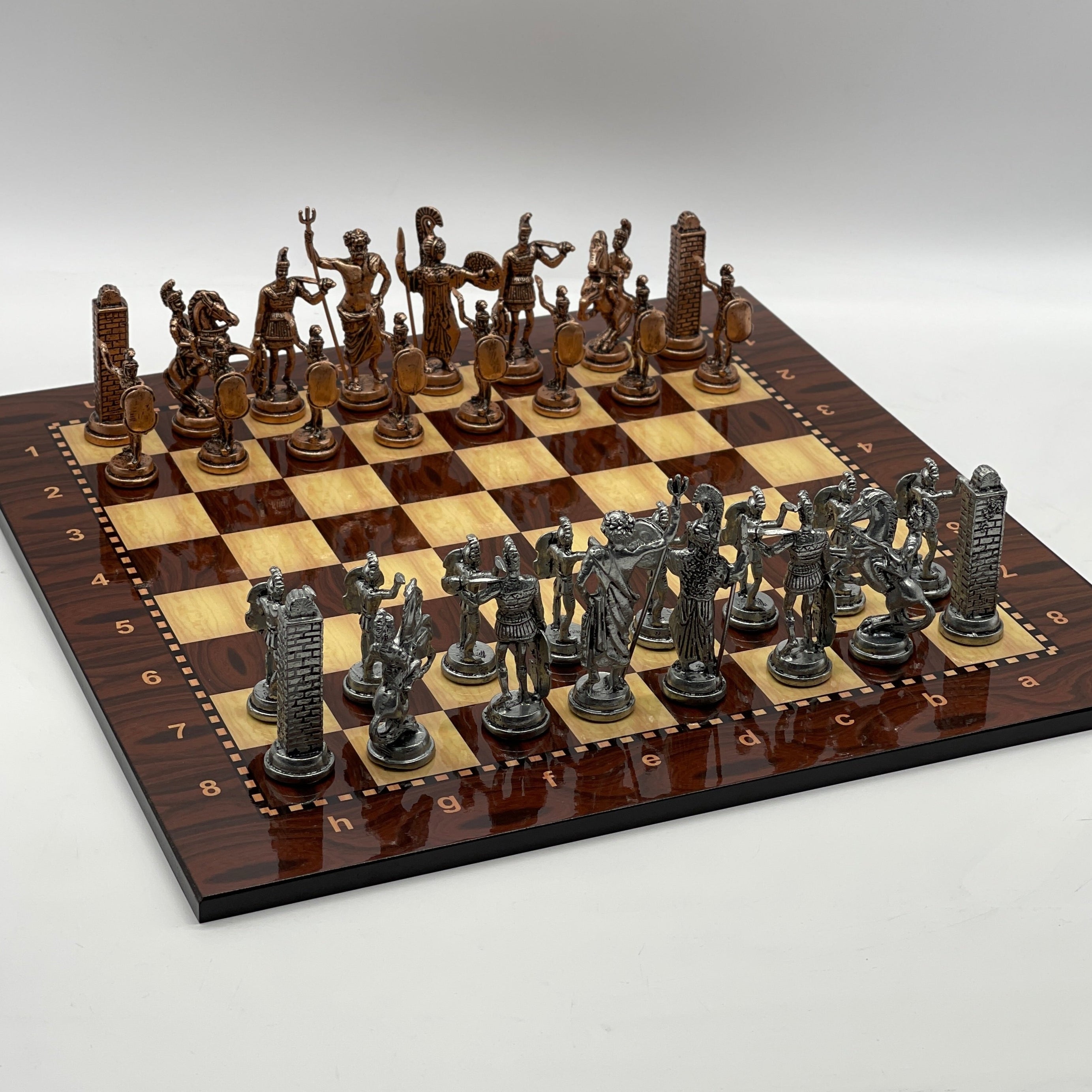 16.9" Large Brown Patterned Wooden Chess Board With Large Metal Pieces