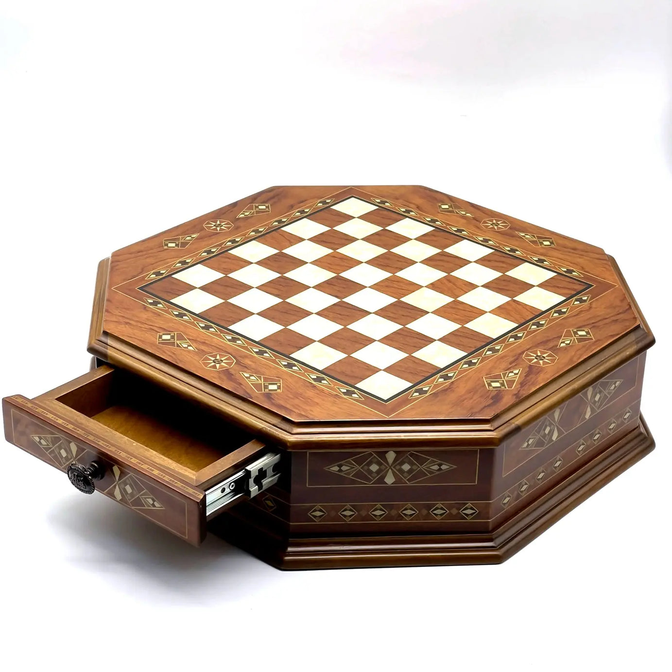 21.2" Octagon Wooden Luxury Brown Chess Set with Greek Metal Chess Pieces