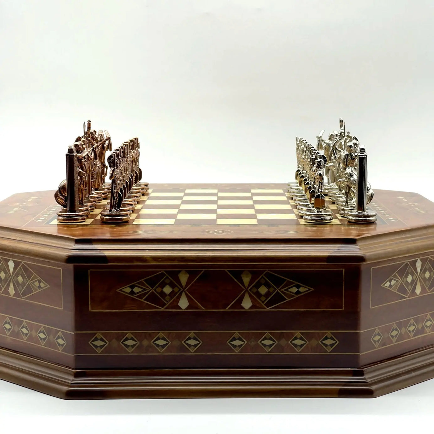 21.2" Octagon Wooden Luxury Brown Chess Set with Greek Metal Chess Pieces