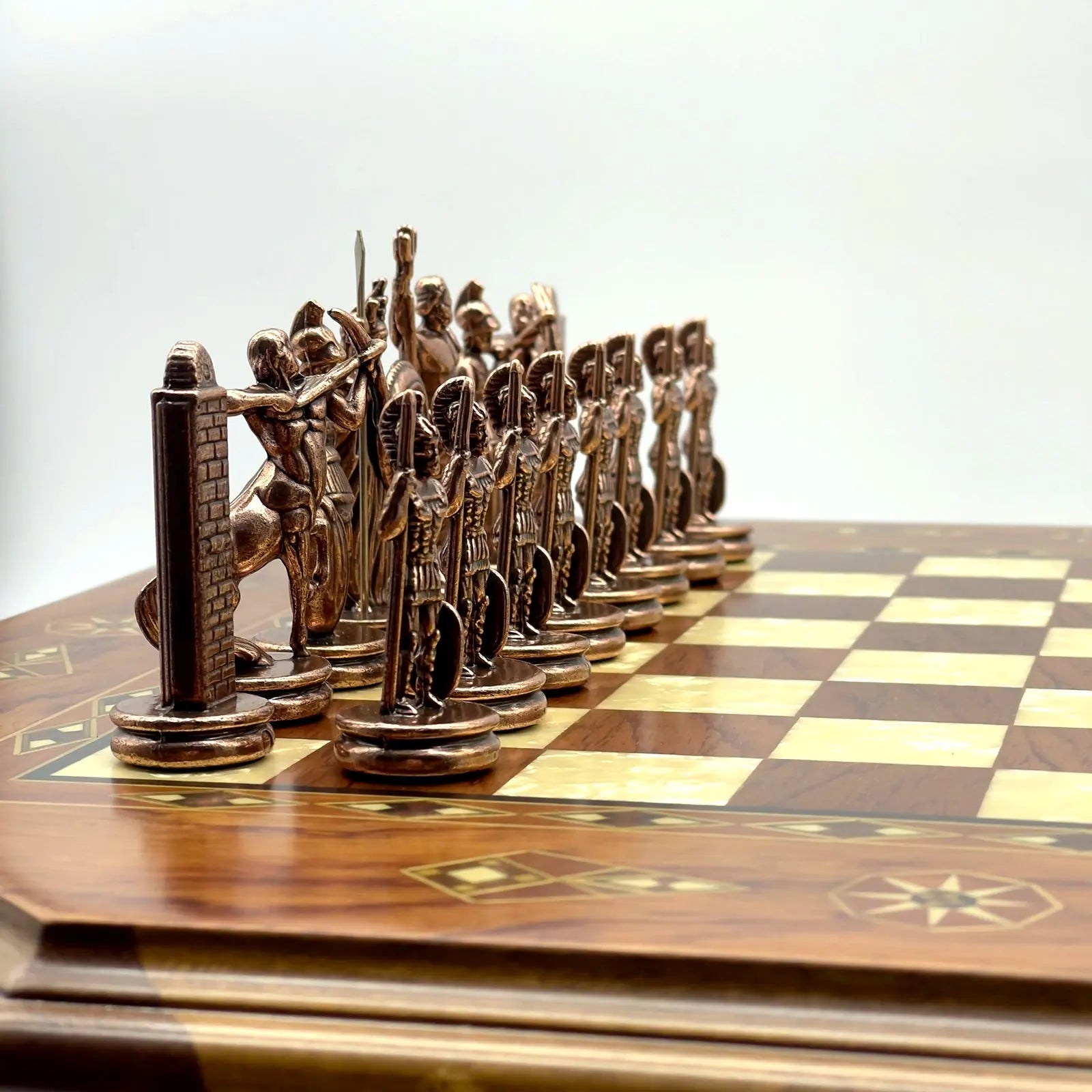 21.2" Octagon Wooden Luxury Brown Chess Set with Greek Metal Chess Pieces