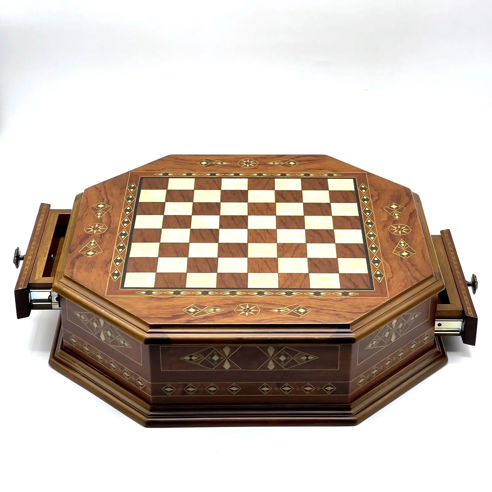 21.2" Octagon Wooden Luxury Brown Chess Set with Greek Metal Chess Pieces
