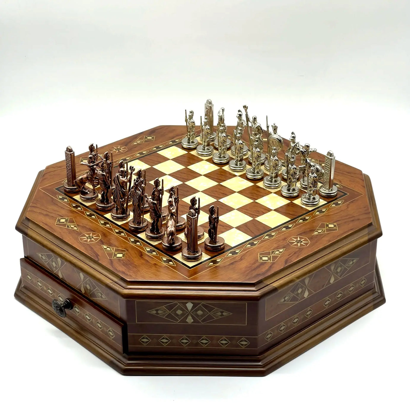 21.2" Octagon Wooden Luxury Brown Chess Set with Greek Metal Chess Pieces