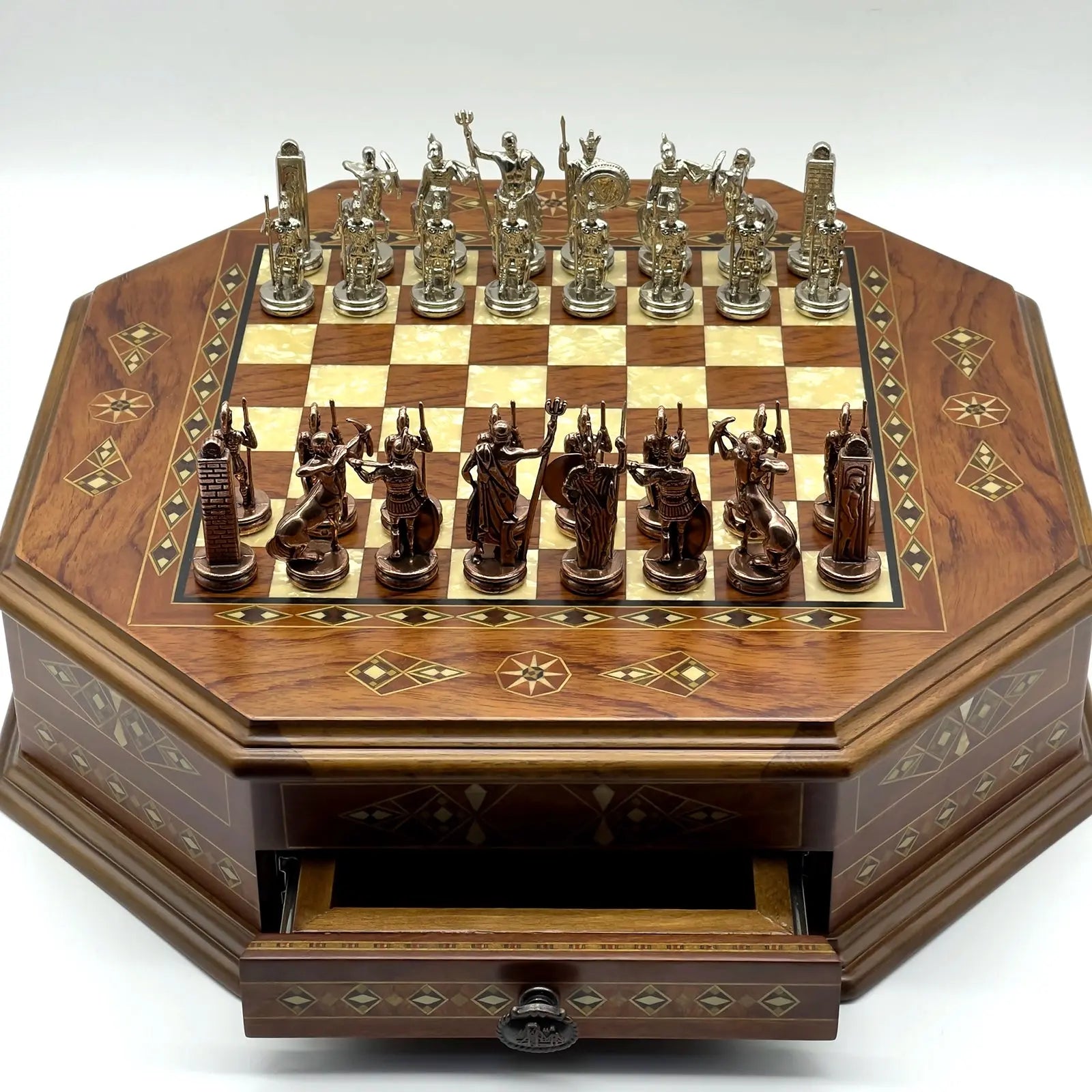 21.2" Octagon Wooden Luxury Brown Chess Set with Greek Metal Chess Pieces