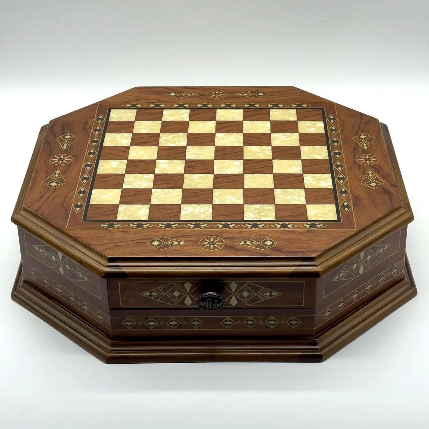21.2" Octagon Wooden Luxury Brown Chess Set with Greek Metal Chess Pieces
