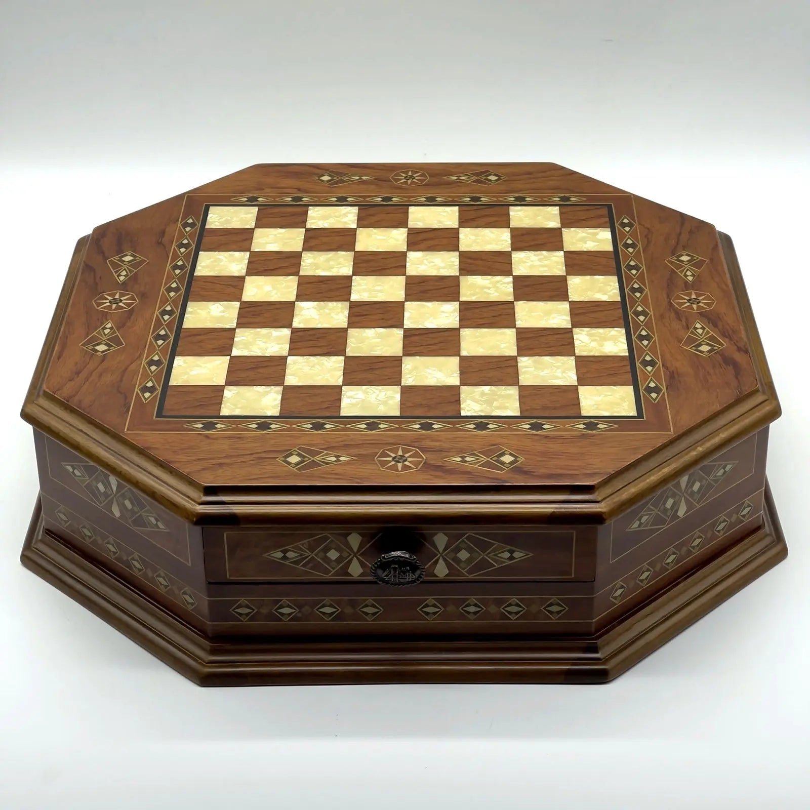 21.2" Octagon Wooden Luxury Brown Chess Set with Greek Metal Chess Pieces