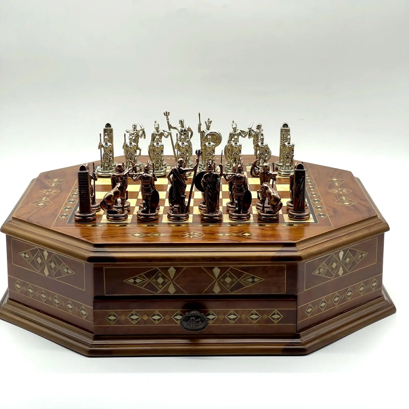 21.2" Octagon Wooden Luxury Brown Chess Set with Greek Metal Chess Pieces