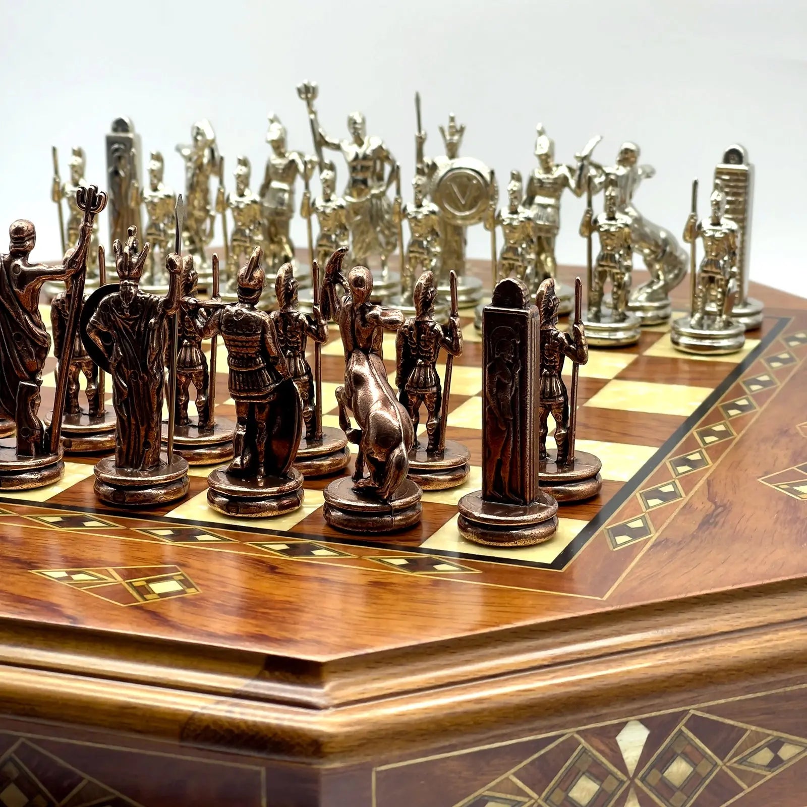 21.2" Octagon Wooden Luxury Brown Chess Set with Greek Metal Chess Pieces
