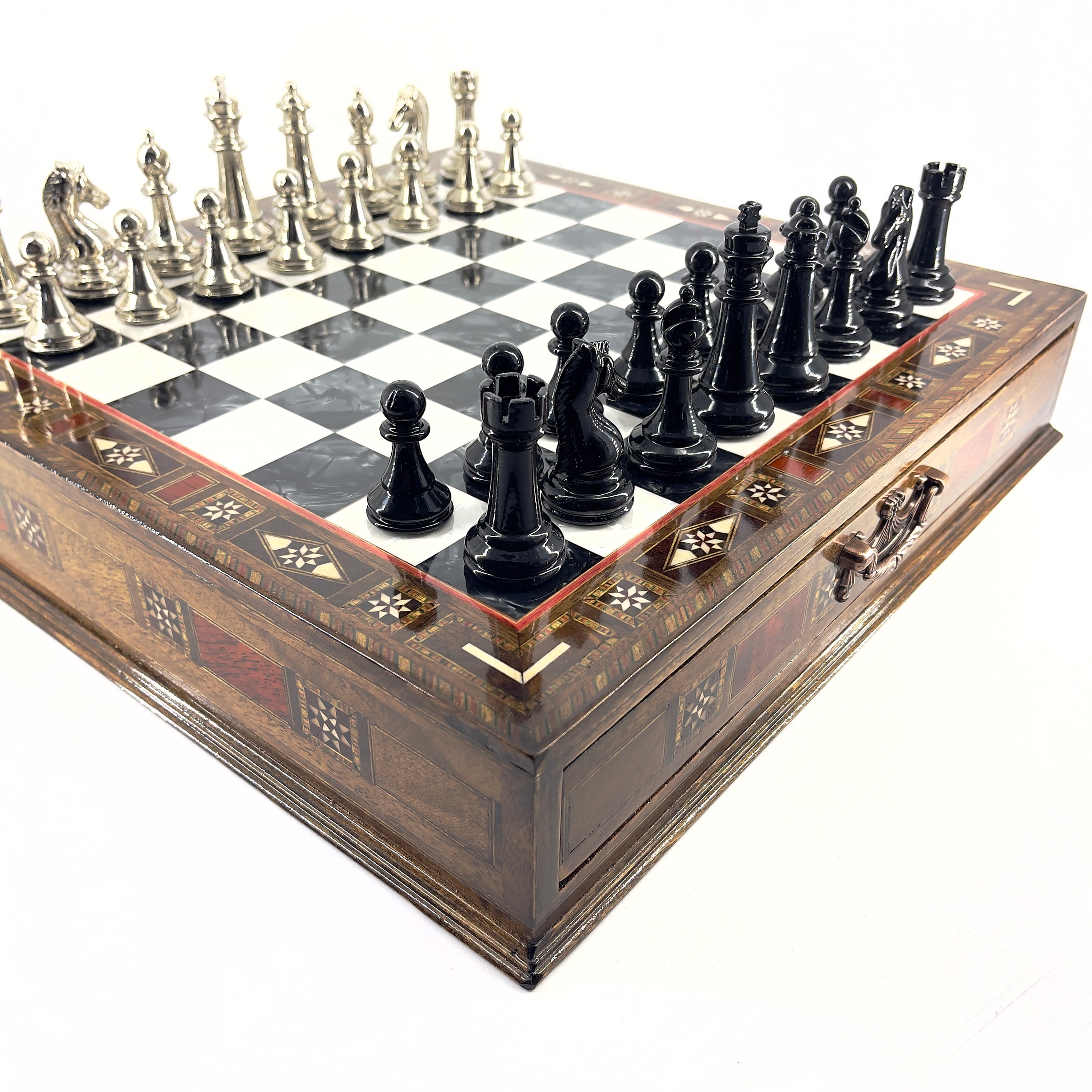 Premium Chess Set with Handmade Wooden Drawers and Black Metal Chess Pieces