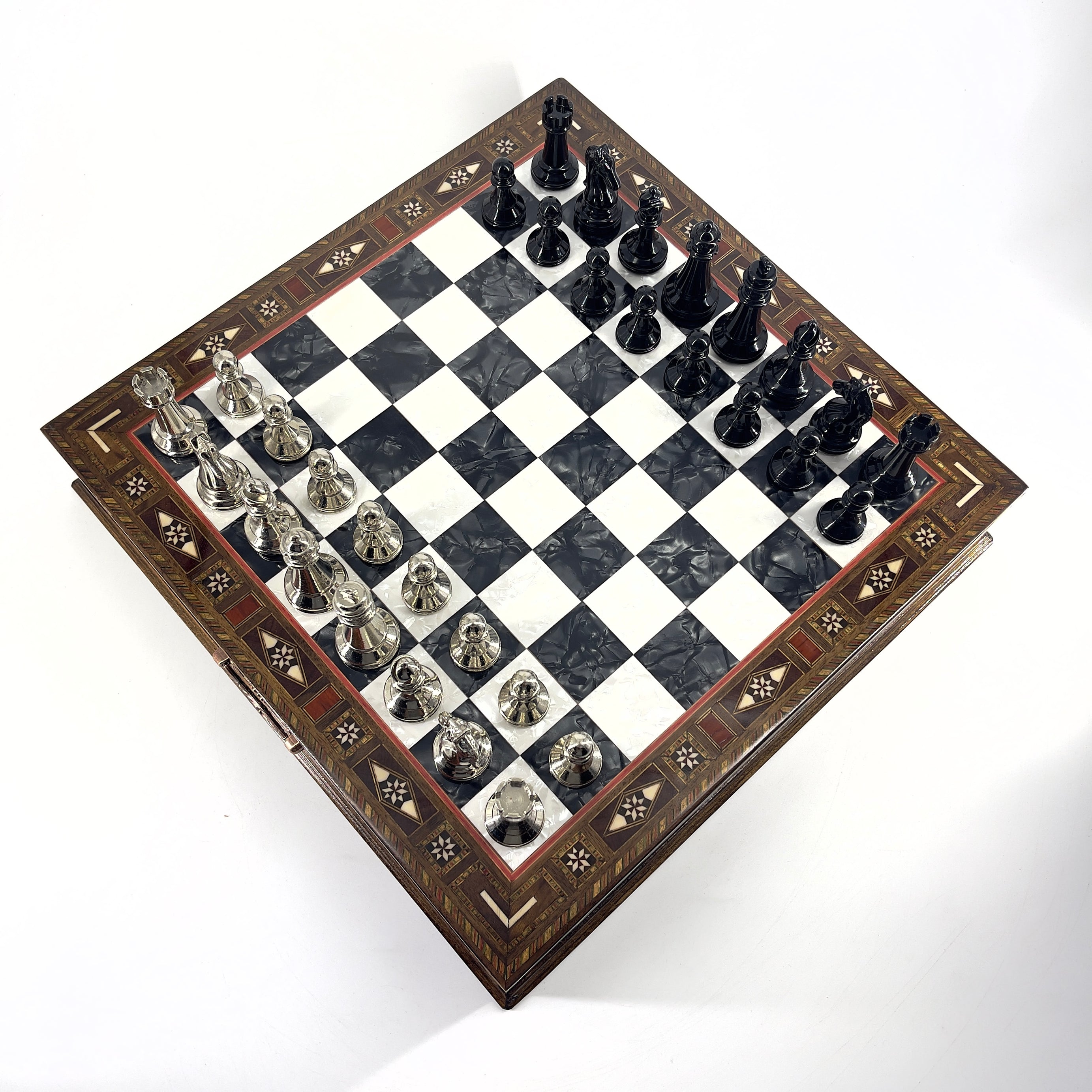 Premium Chess Set with Handmade Wooden Drawers and Black Metal Chess Pieces