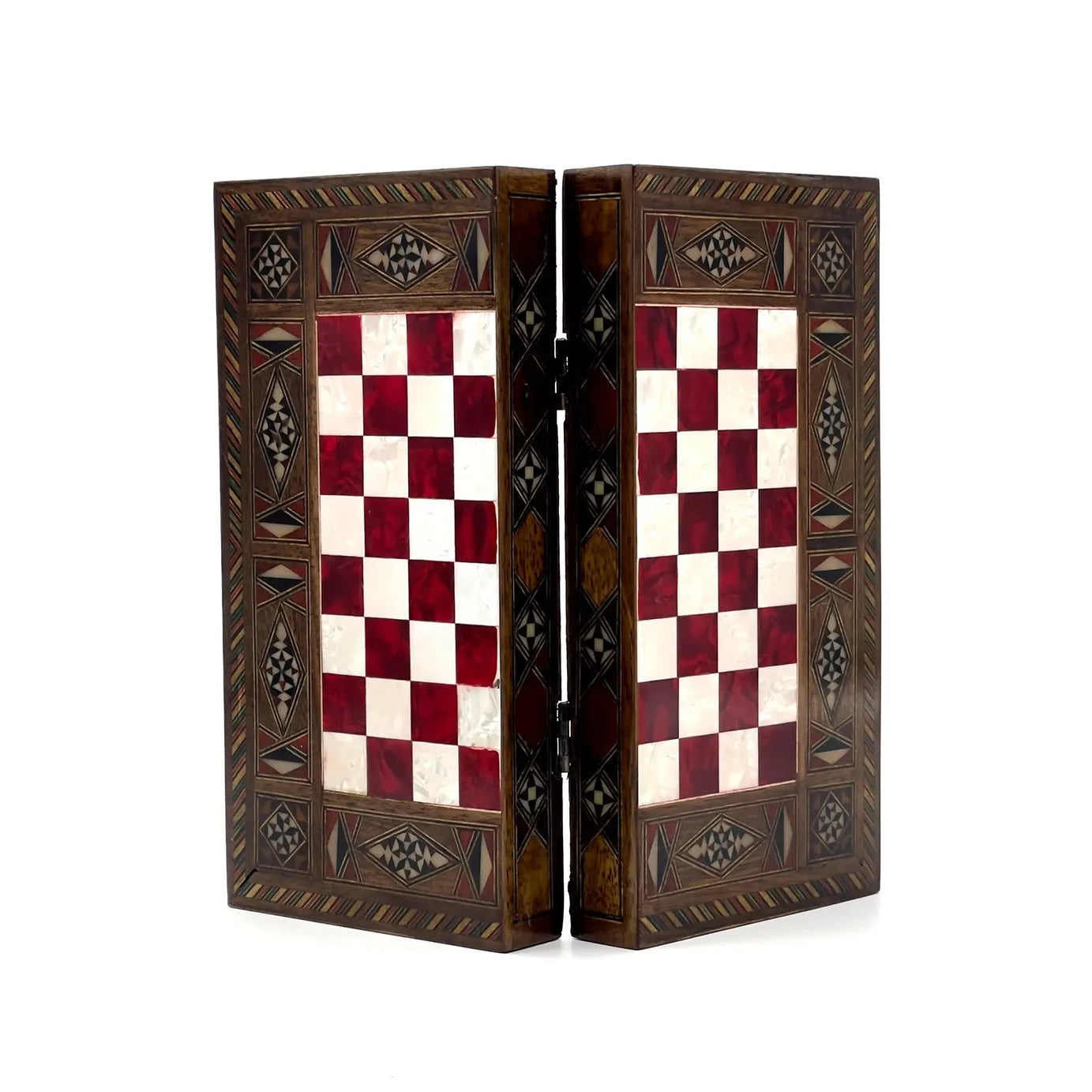 8.9" Red Small Folding Wooden Chess Set and Backgammon Set