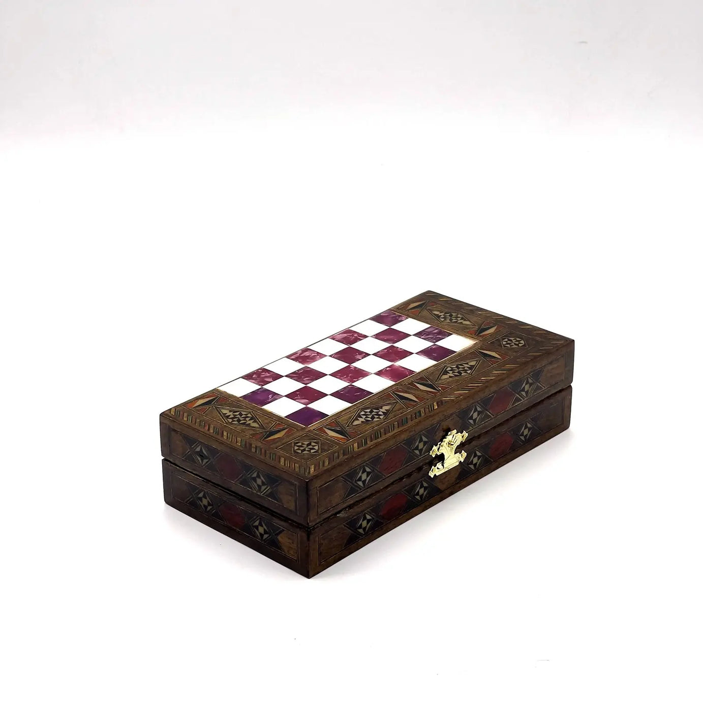 8.9" Red Small Folding Wooden Chess Set and Backgammon Set