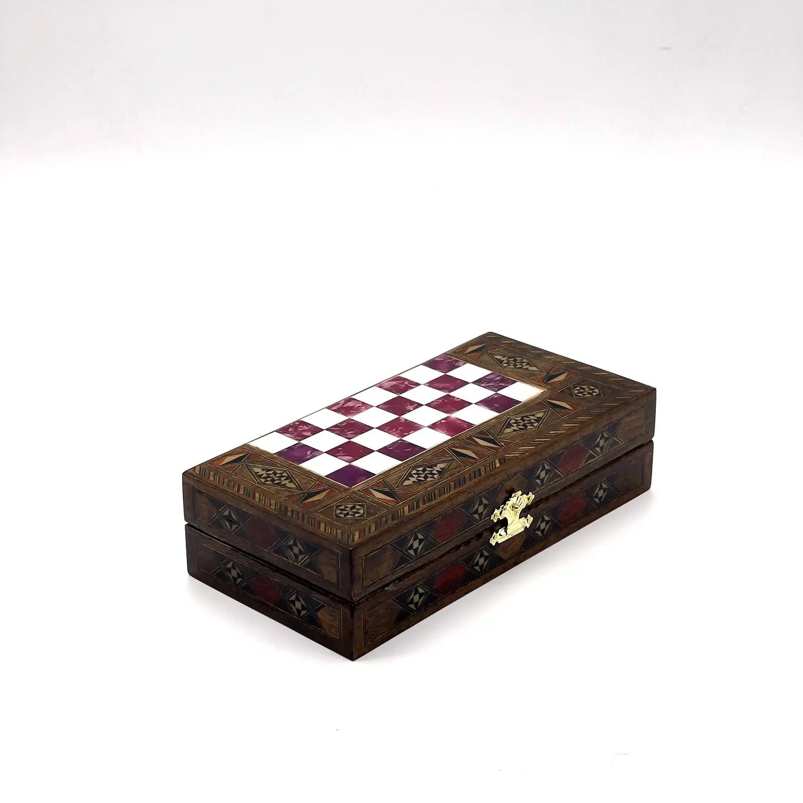 8.9" Red Small Folding Wooden Chess Set and Backgammon Set