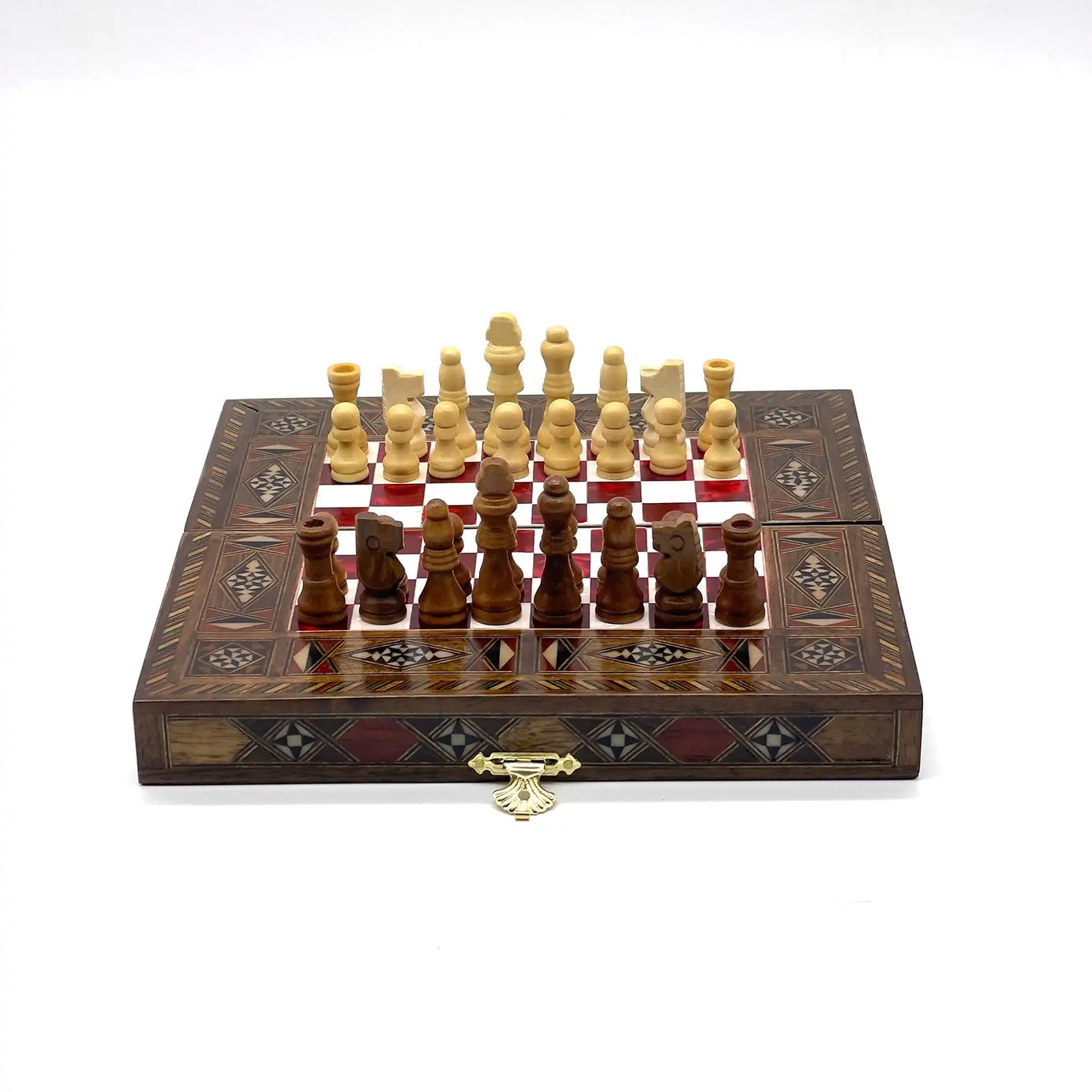 8.9" Red Small Folding Wooden Chess Set and Backgammon Set