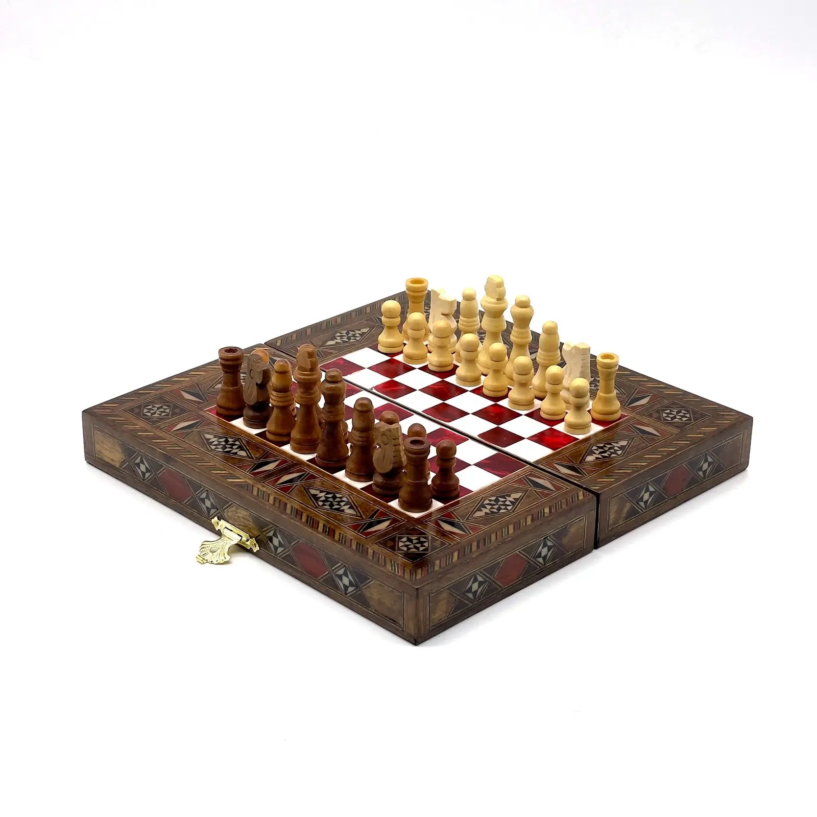 8.9" Red Small Folding Wooden Chess Set and Backgammon Set