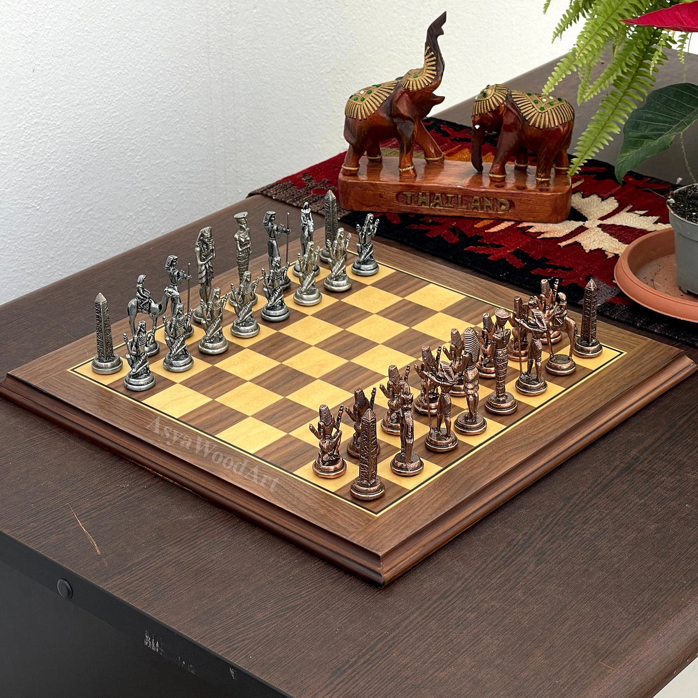 American Walnut Solid Wooden Chess Set With Egyptian Metal Chess Pieces