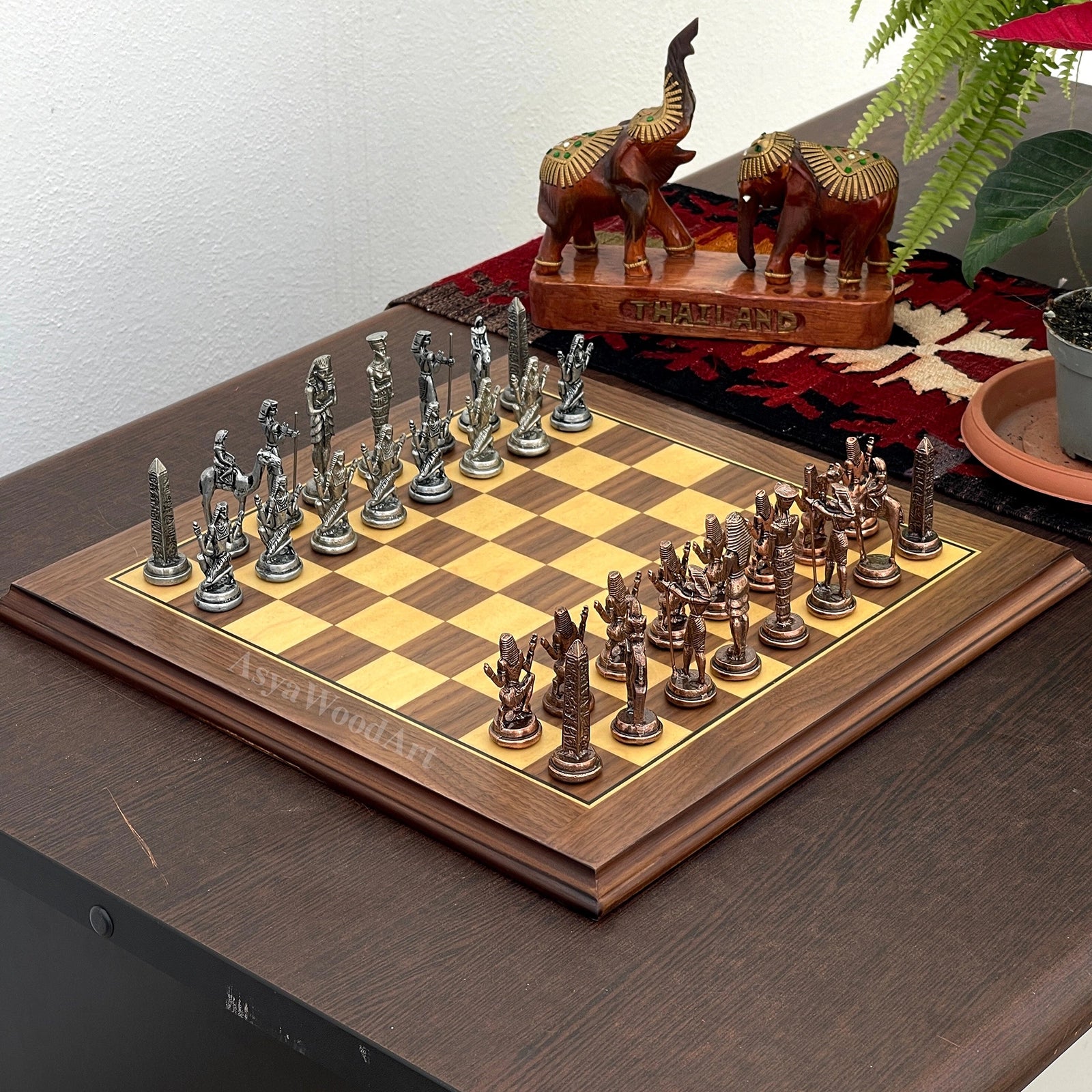 American Walnut Solid Wooden Chess Set With Egyptian Metal Chess Pieces