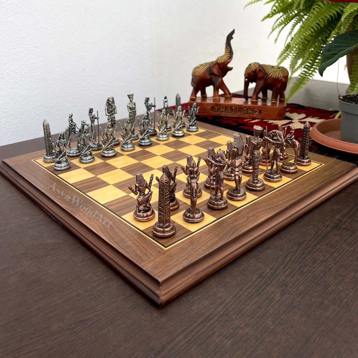 American Walnut Solid Wooden Chess Set With Egyptian Metal Chess Pieces
