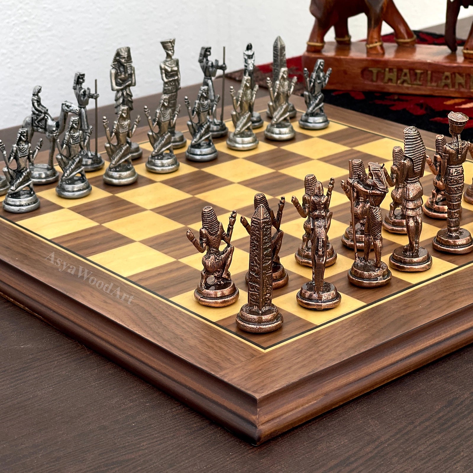 American Walnut Solid Wooden Chess Set With Egyptian Metal Chess Pieces